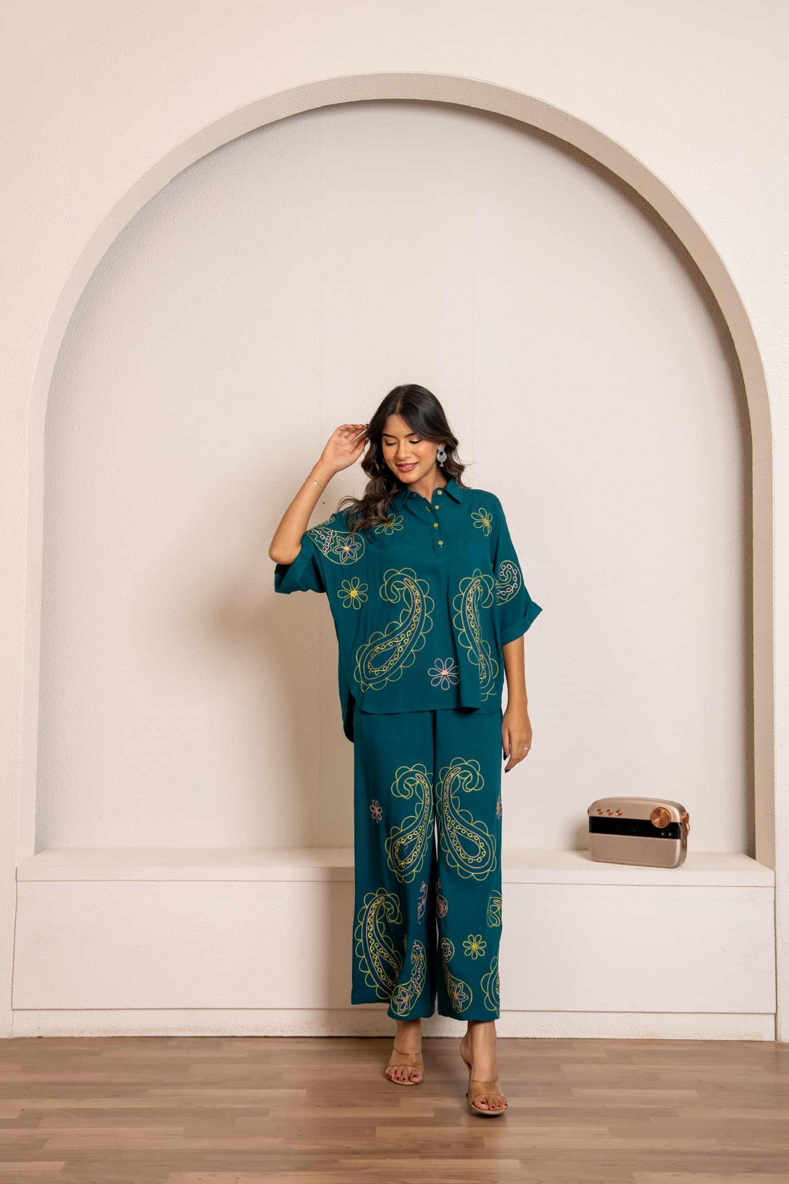 Teal Blue Embroidered Co-Ord Set view 2