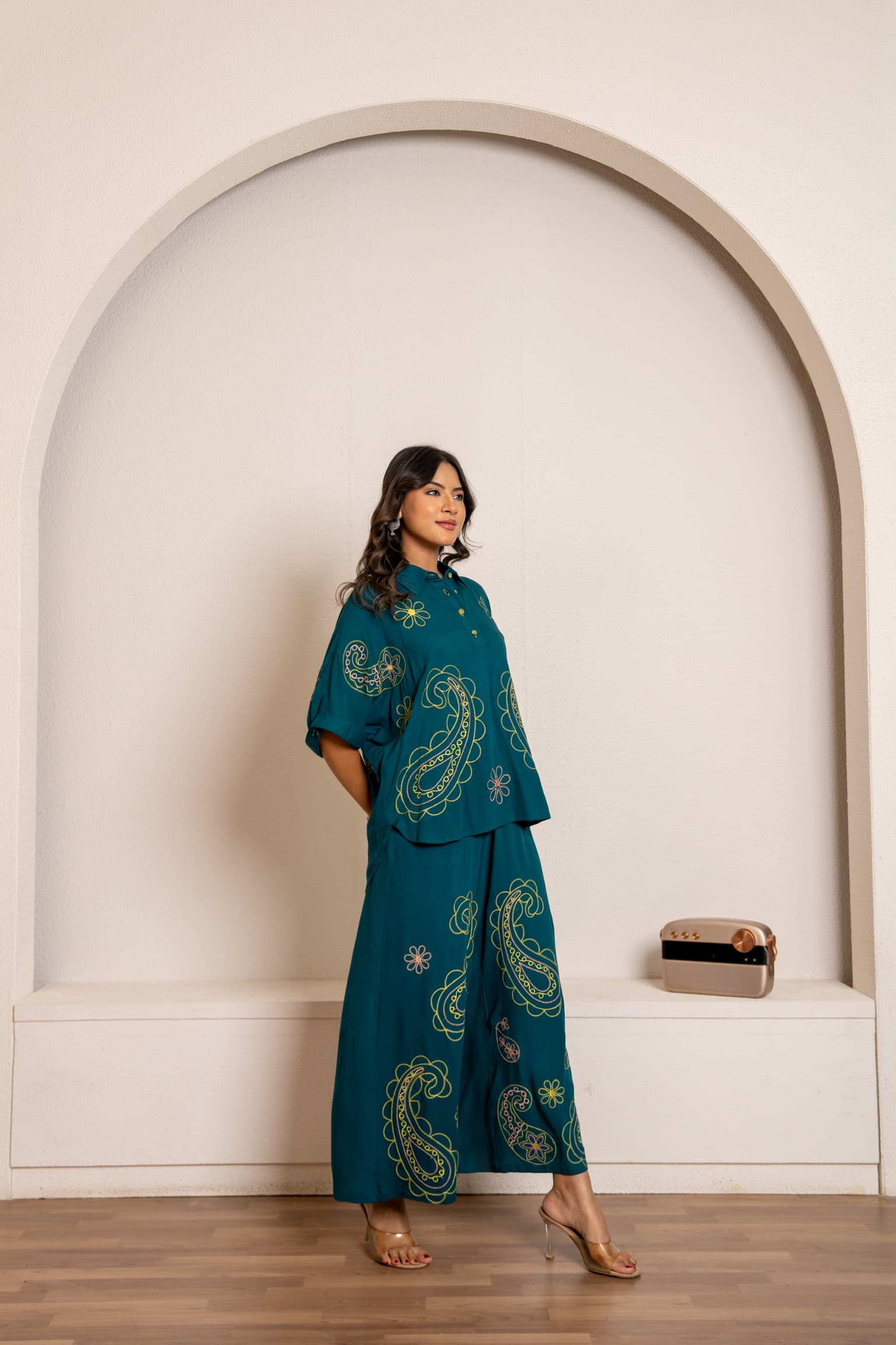 Teal Blue Embroidered Co-Ord Set view 3