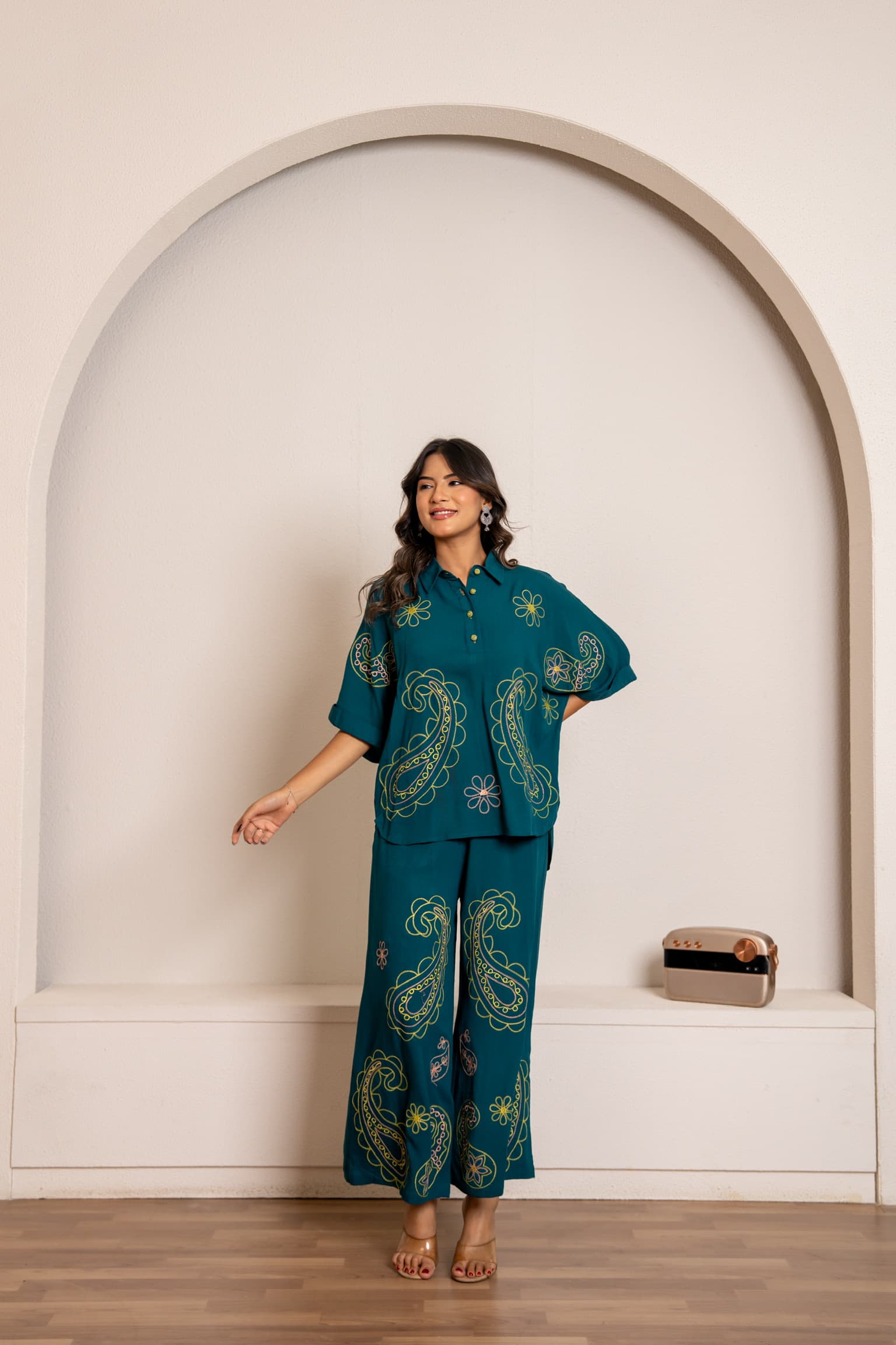Teal Blue Embroidered Co-Ord Set view 4