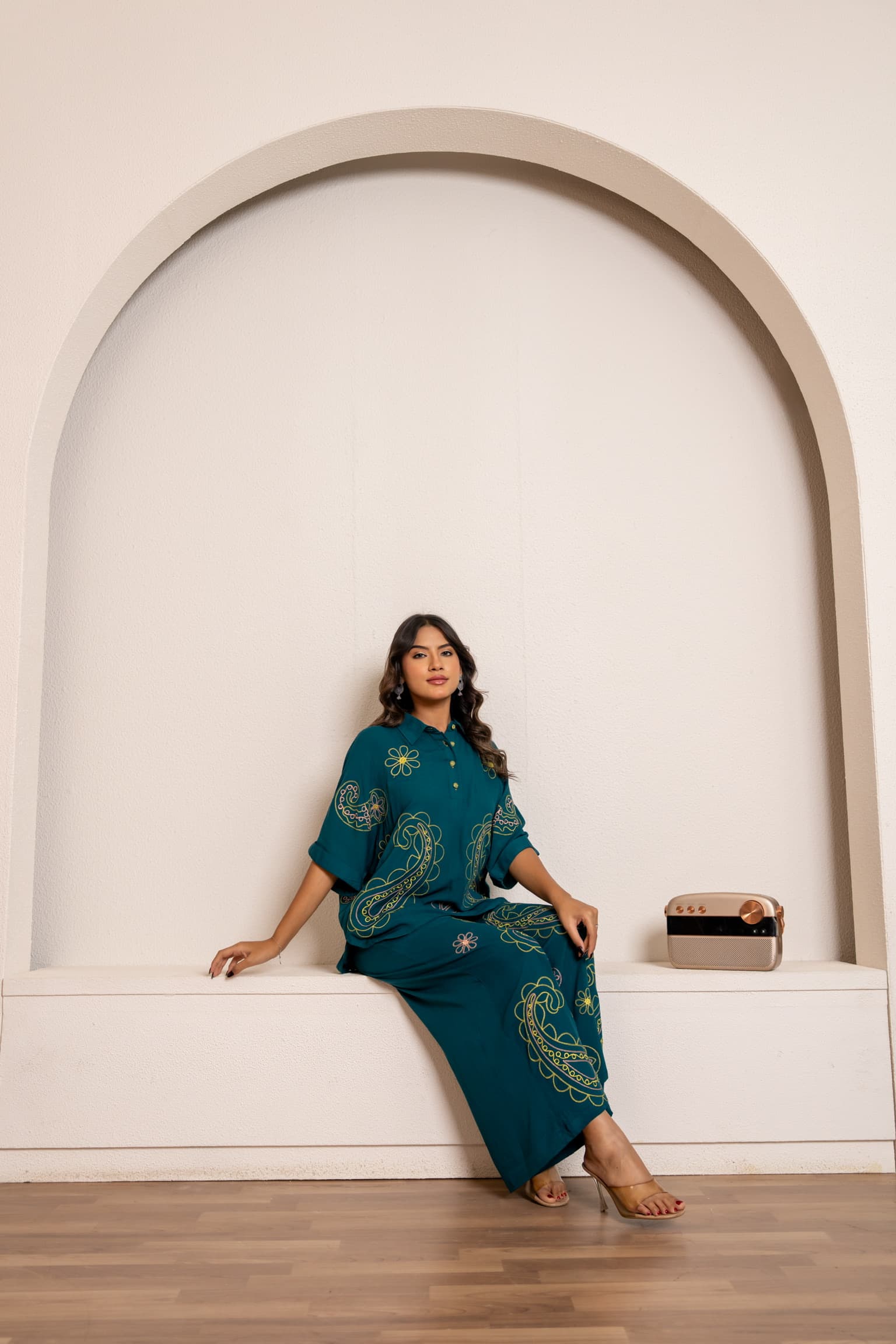 Teal Blue Embroidered Co-Ord Set view 7