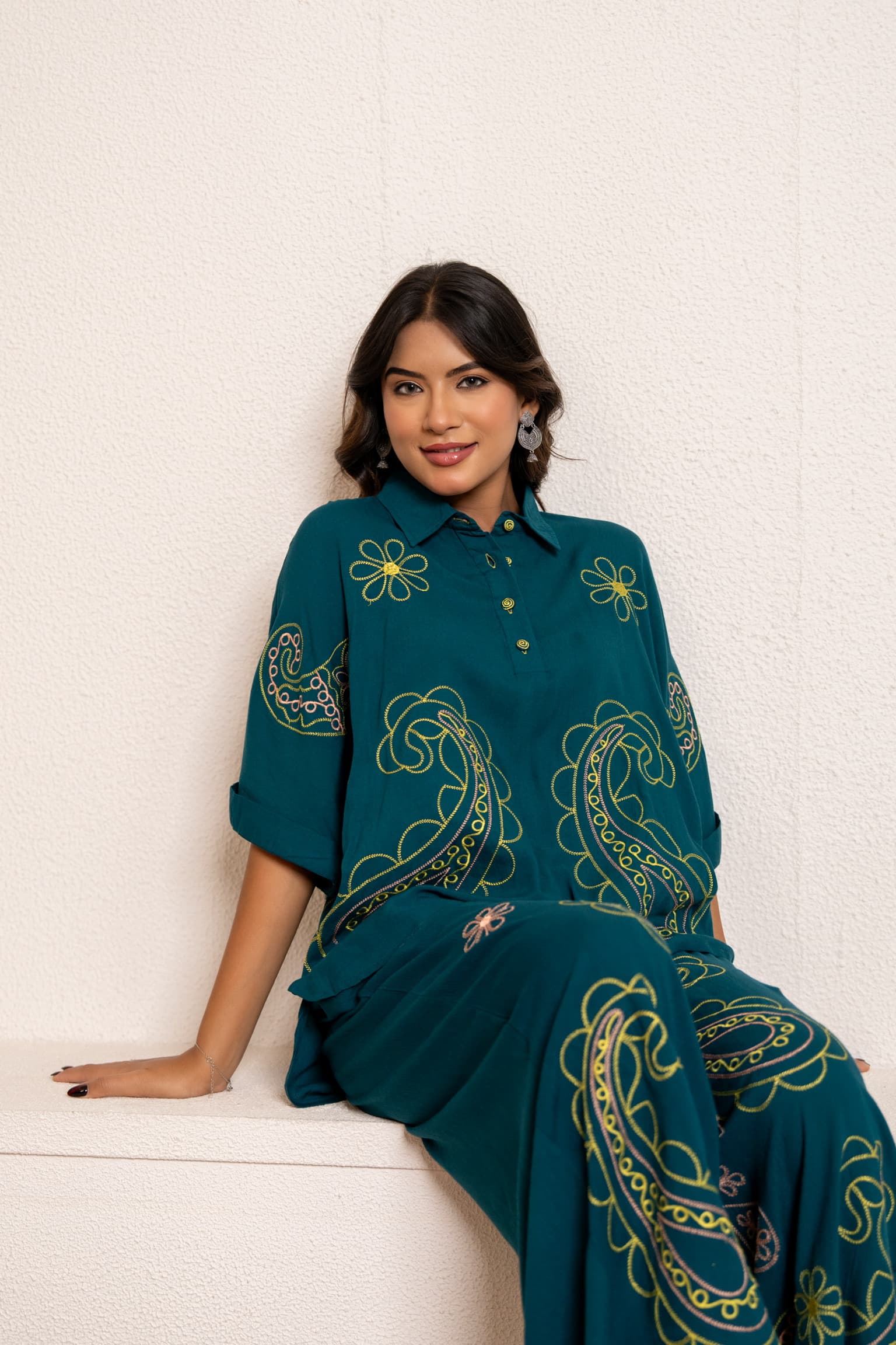 Teal Blue Embroidered Co-Ord Set view 8