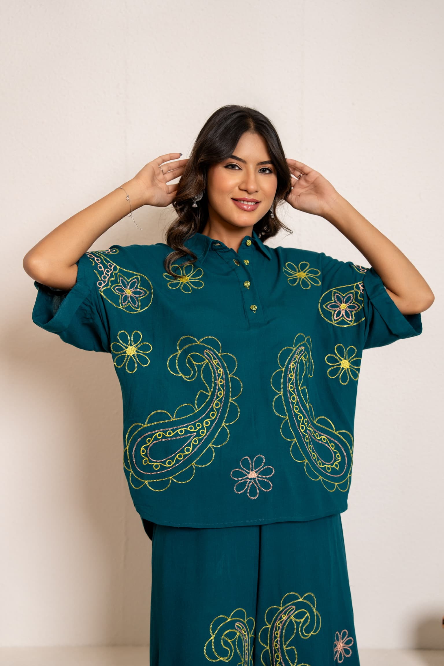 Teal Blue Embroidered Co-Ord Set view 9