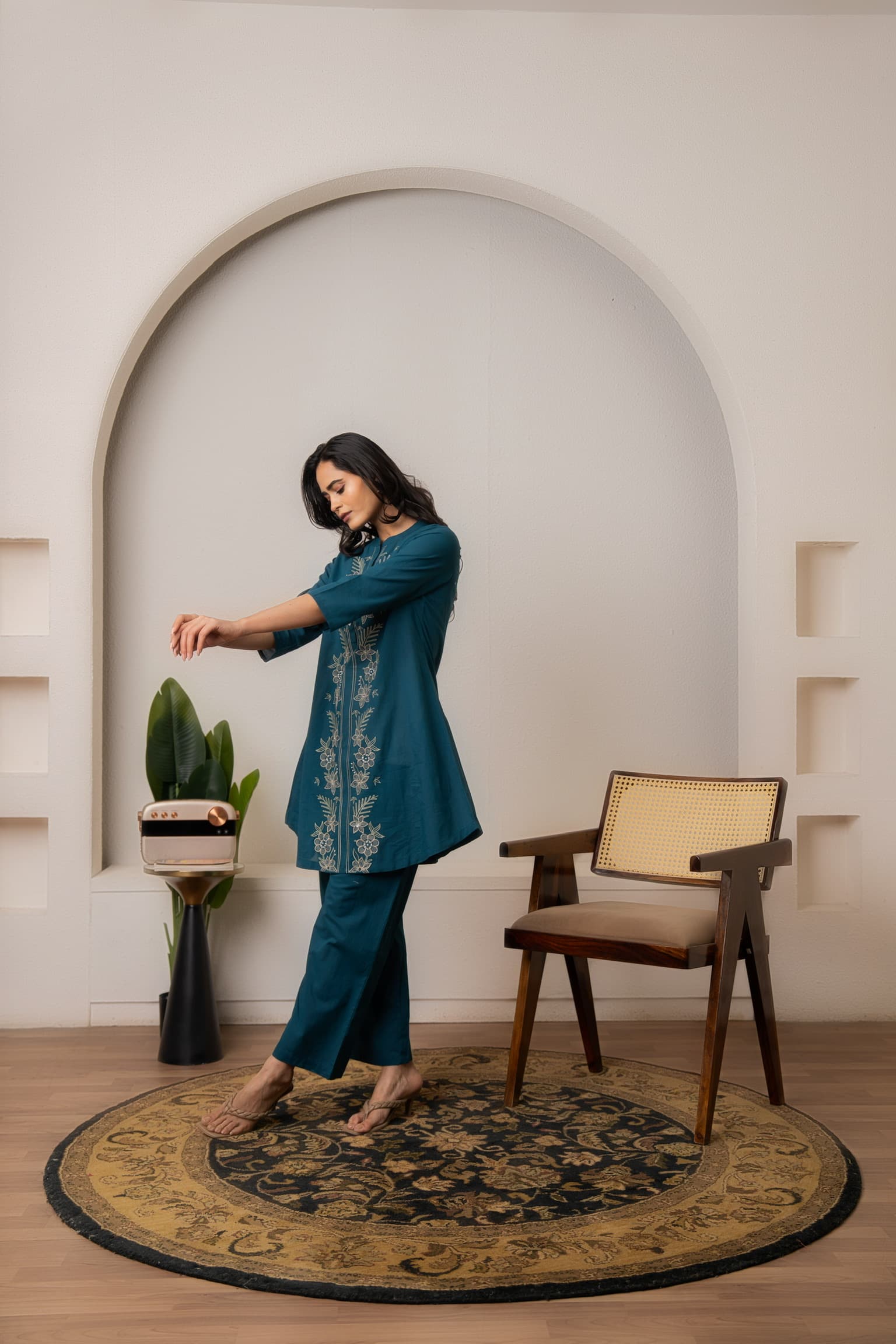 Teal Blue Embroidered Co-Ord Set view 4