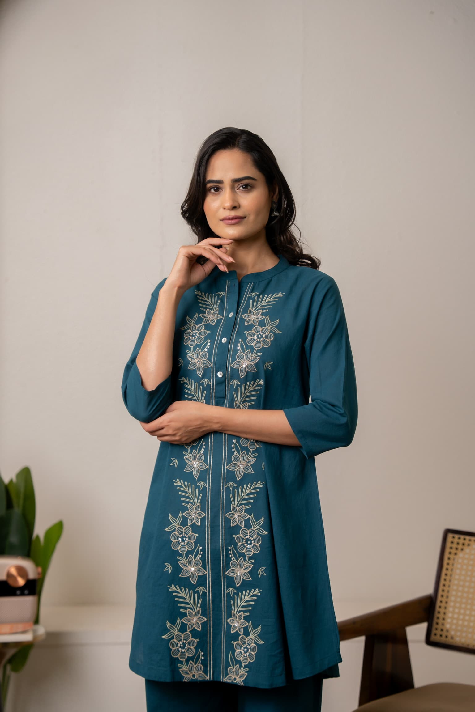 Teal Blue Embroidered Co-Ord Set view 5