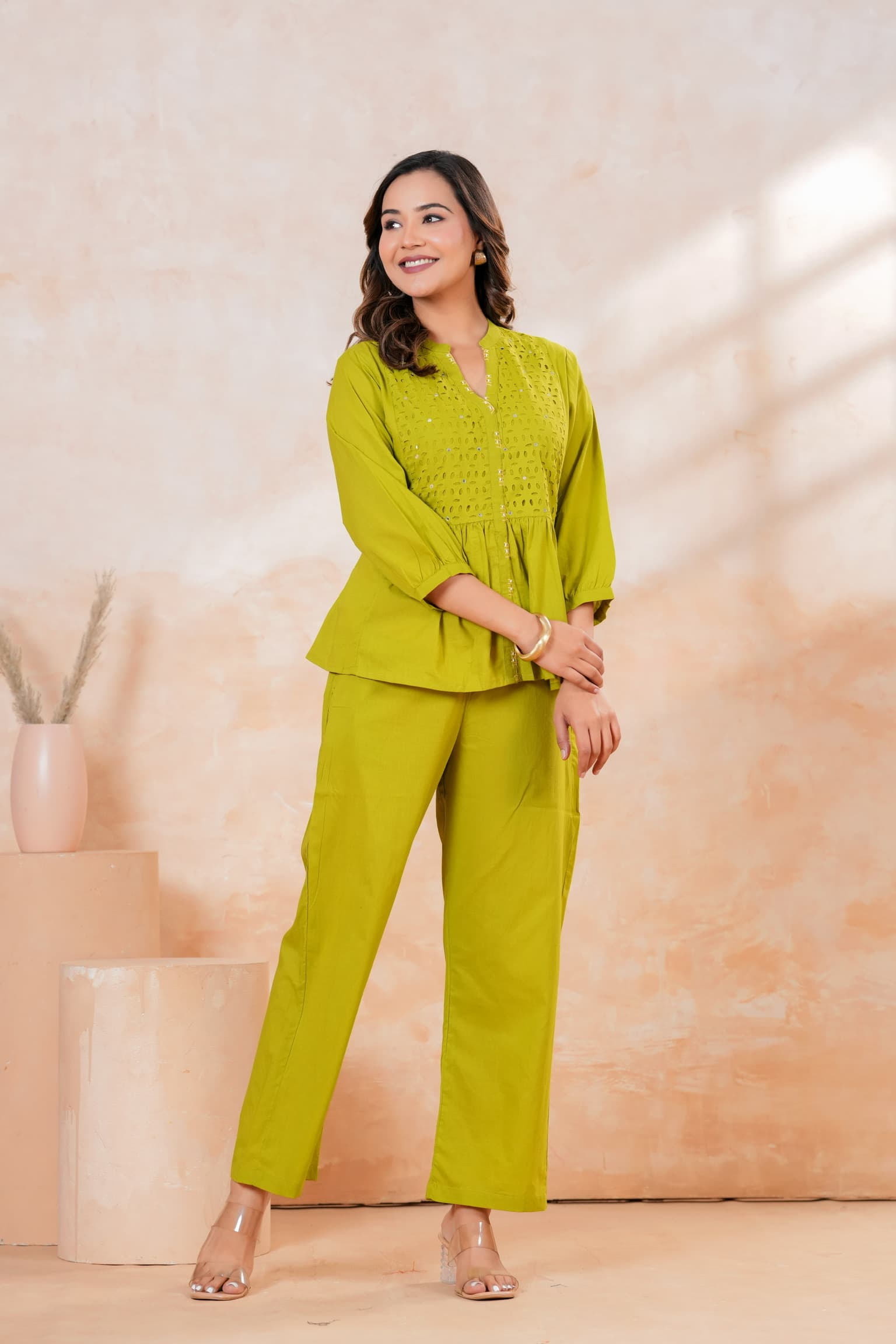 Lime Lazer-Cut Work Co-ord Set