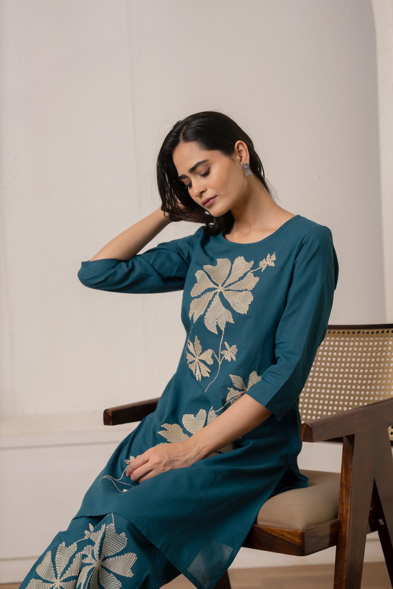 Teal Blue Embroidered Co-Ord Set view 3
