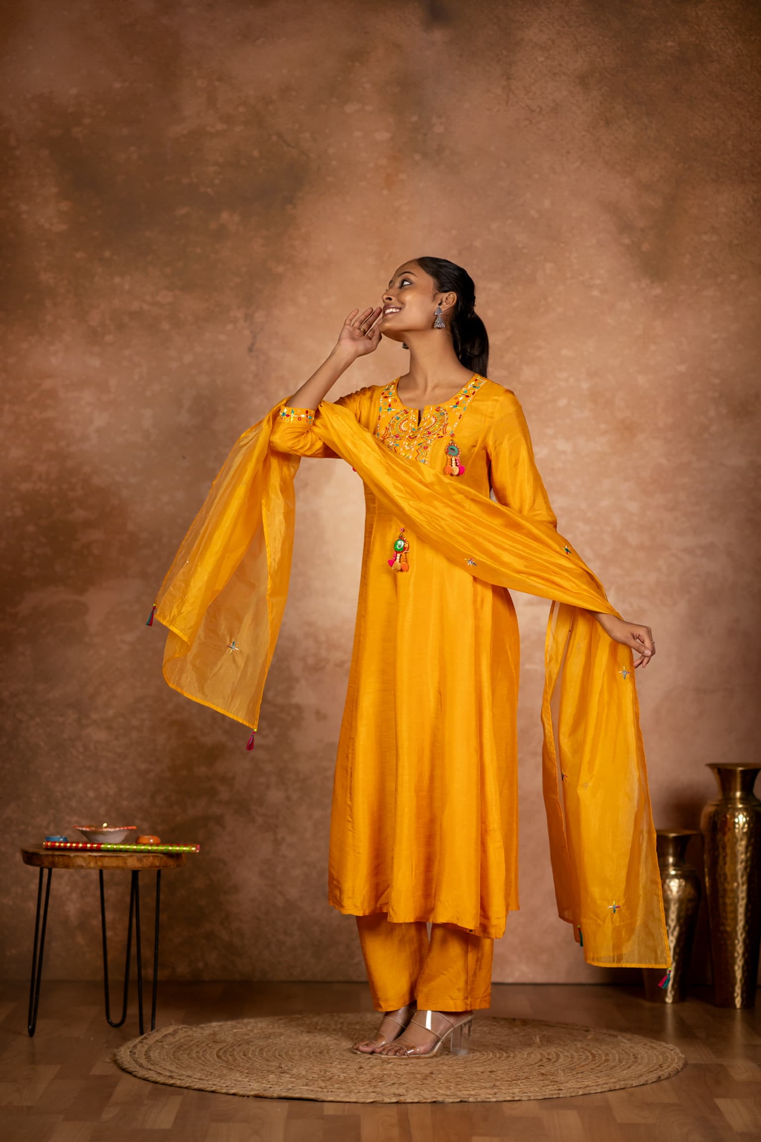 Mustard Embroidered Kurta Set view 3