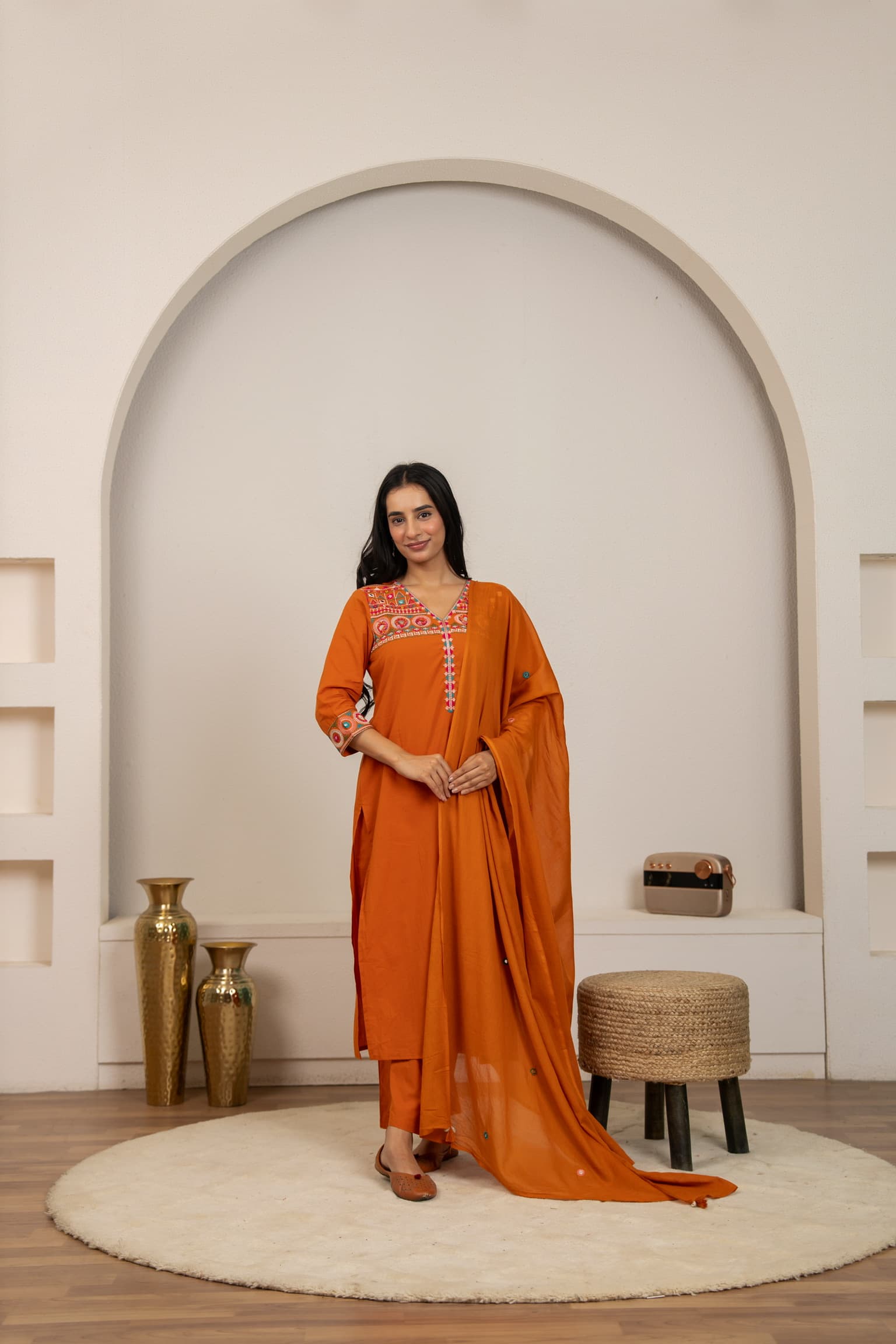 Terracotta Embroidered Kurta Set view 2