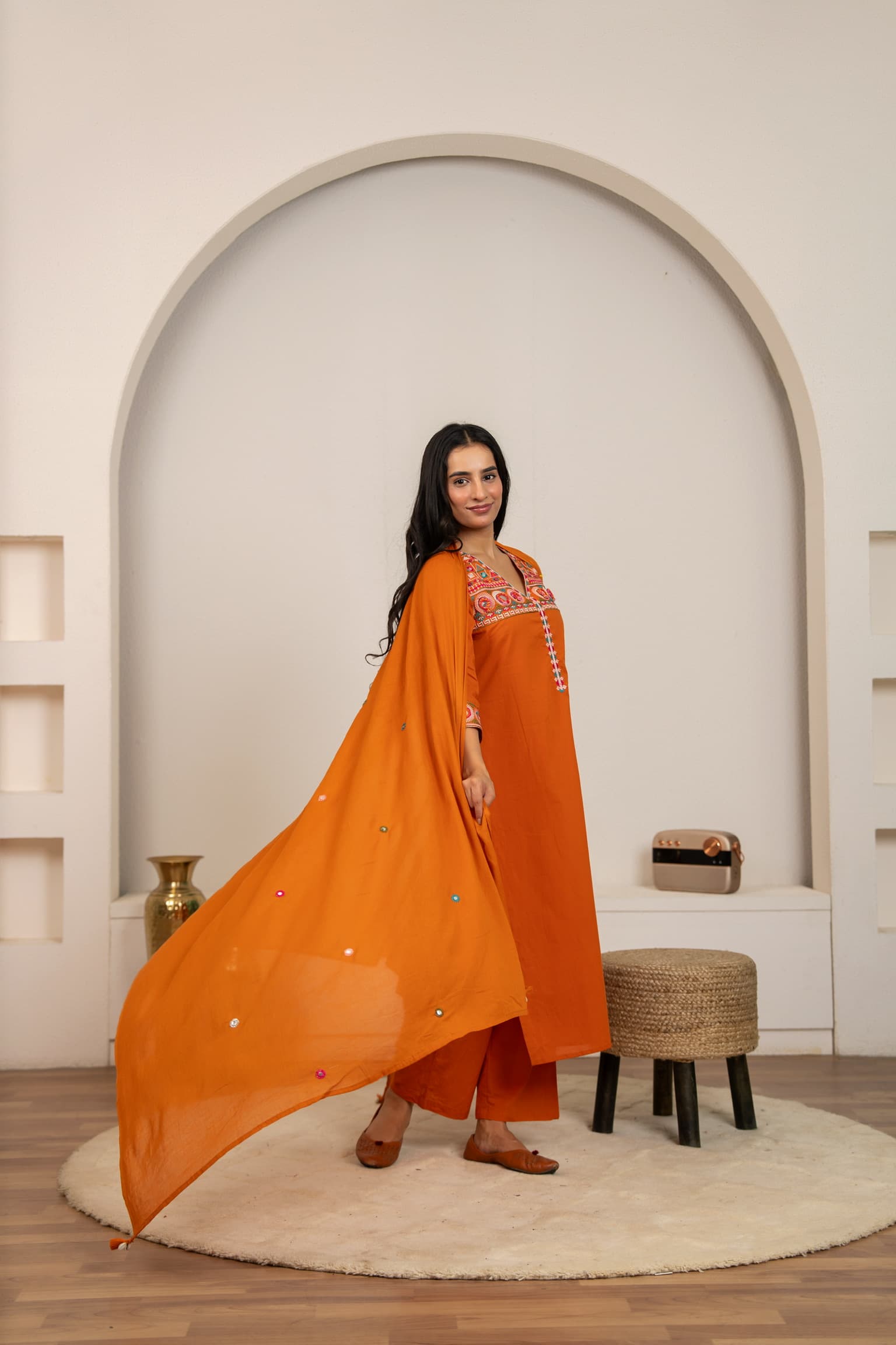 Terracotta Embroidered Kurta Set view 4