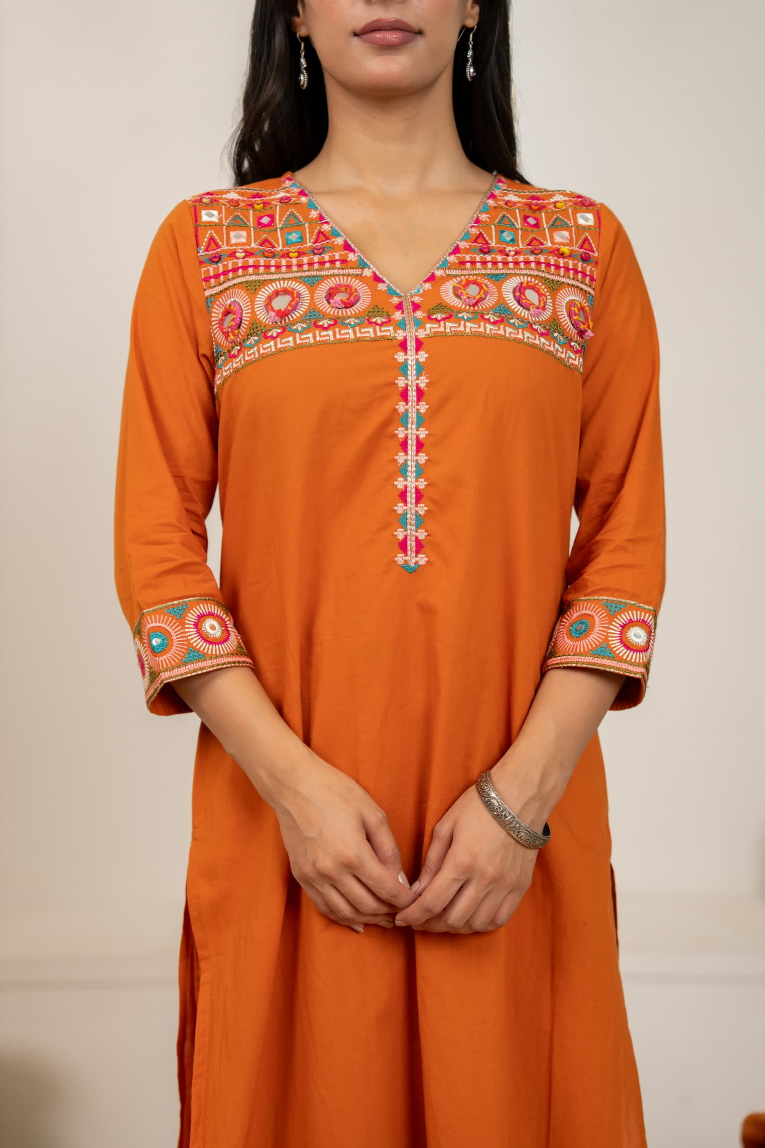 Terracotta Embroidered Kurta Set view 7