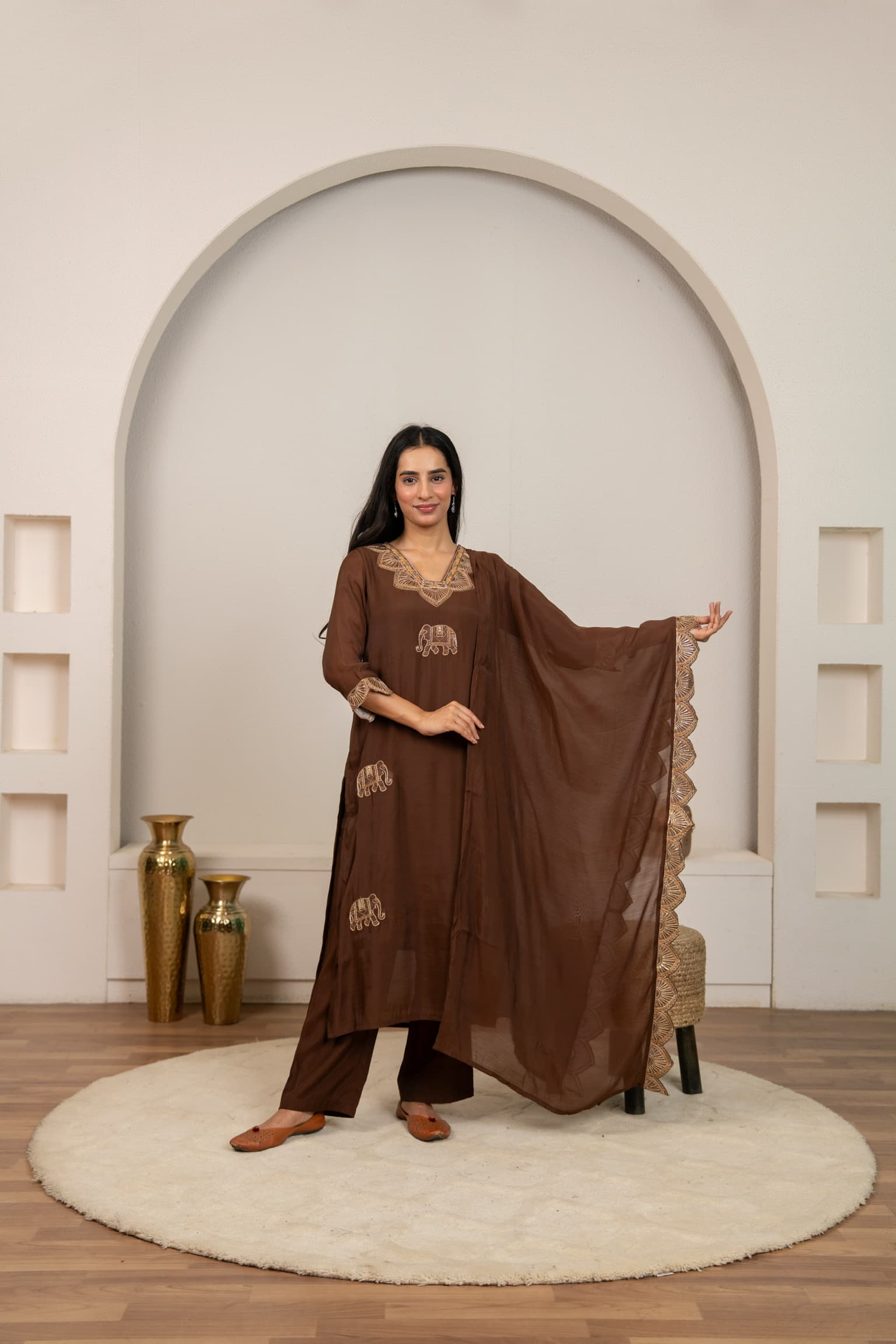 Brown Embroidered Kurta Set view 2