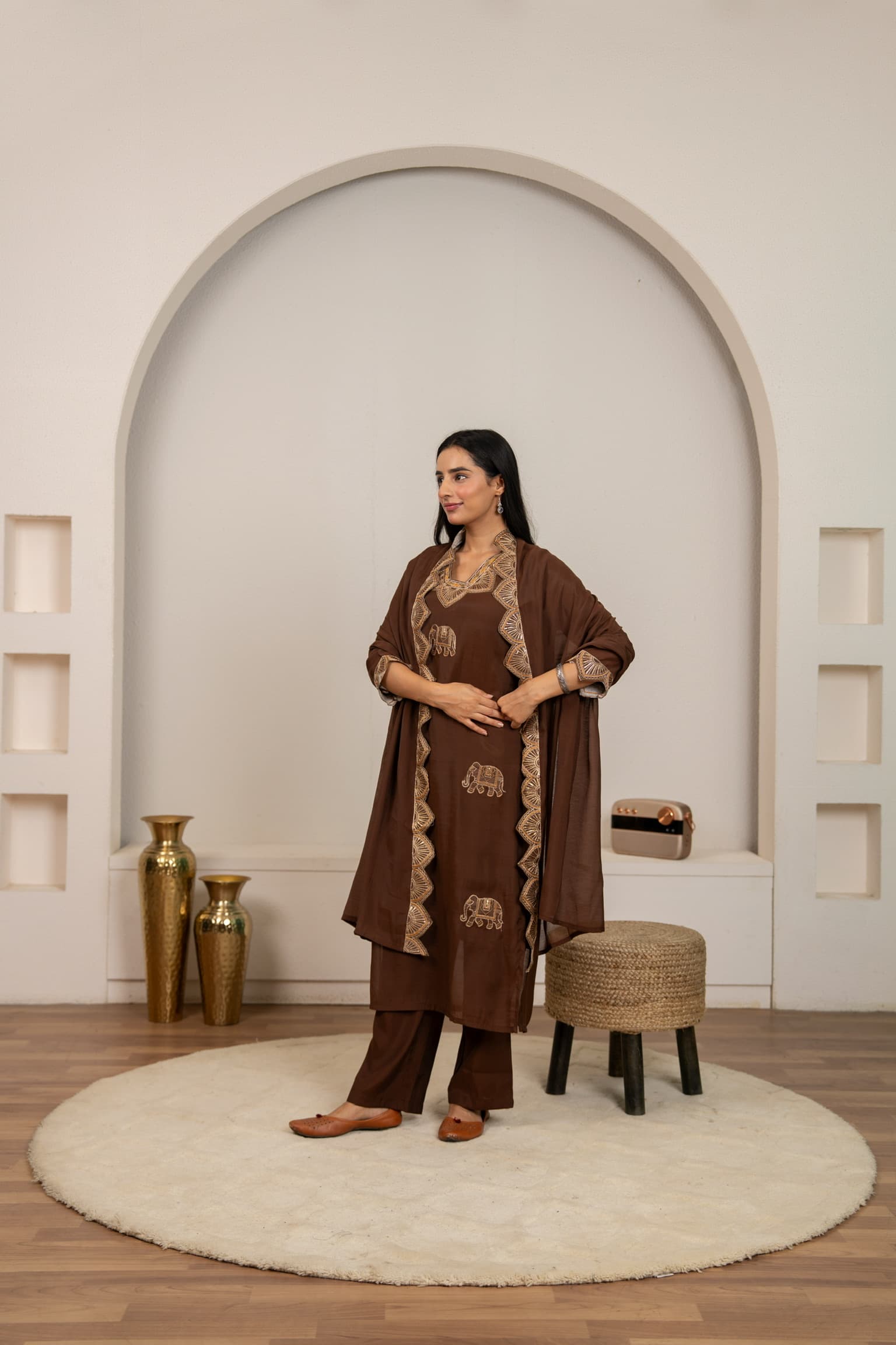 Brown Embroidered Kurta Set view 3
