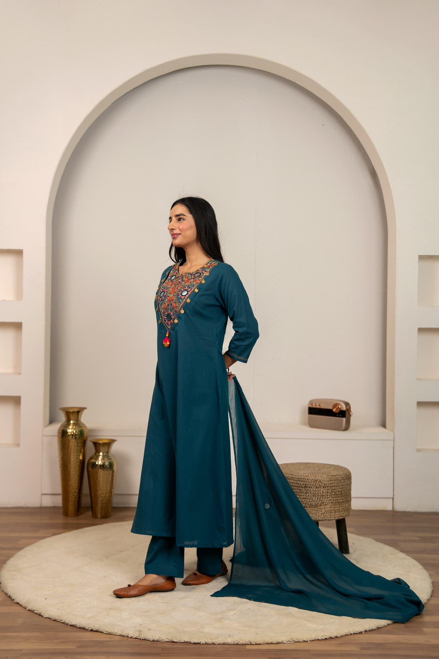 Teal Blue Embroidered Kurta Set
