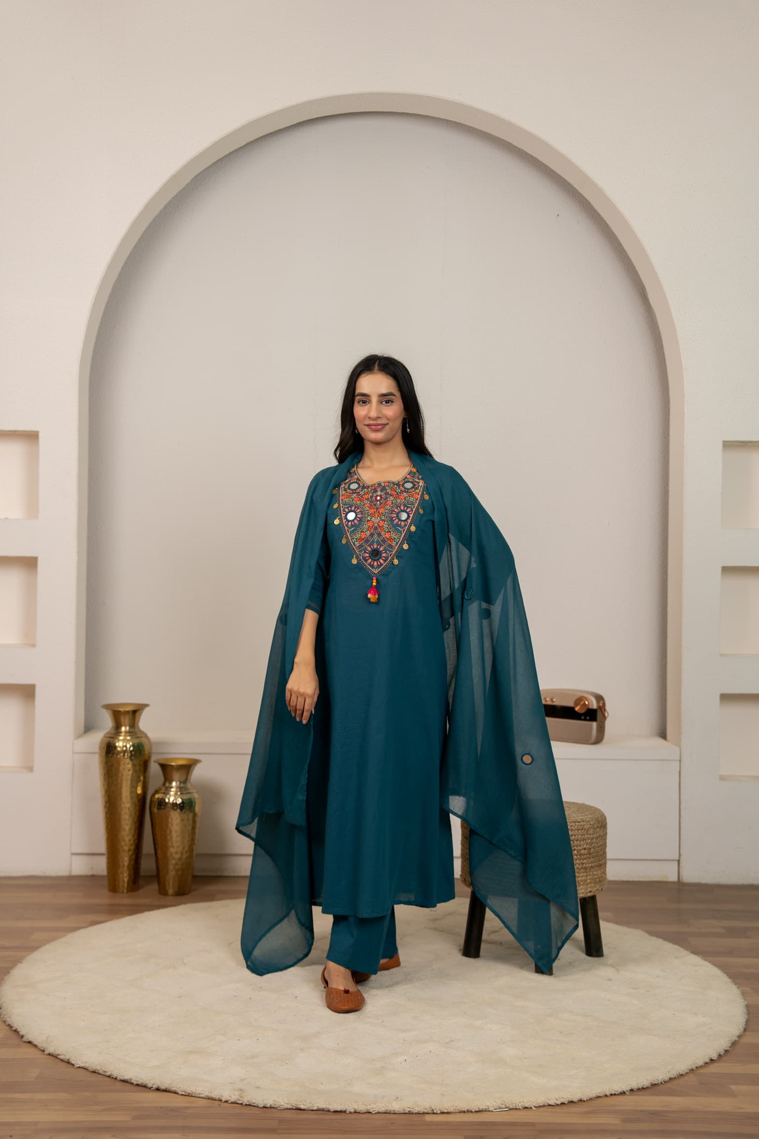 Teal Blue Embroidered Kurta Set view 2
