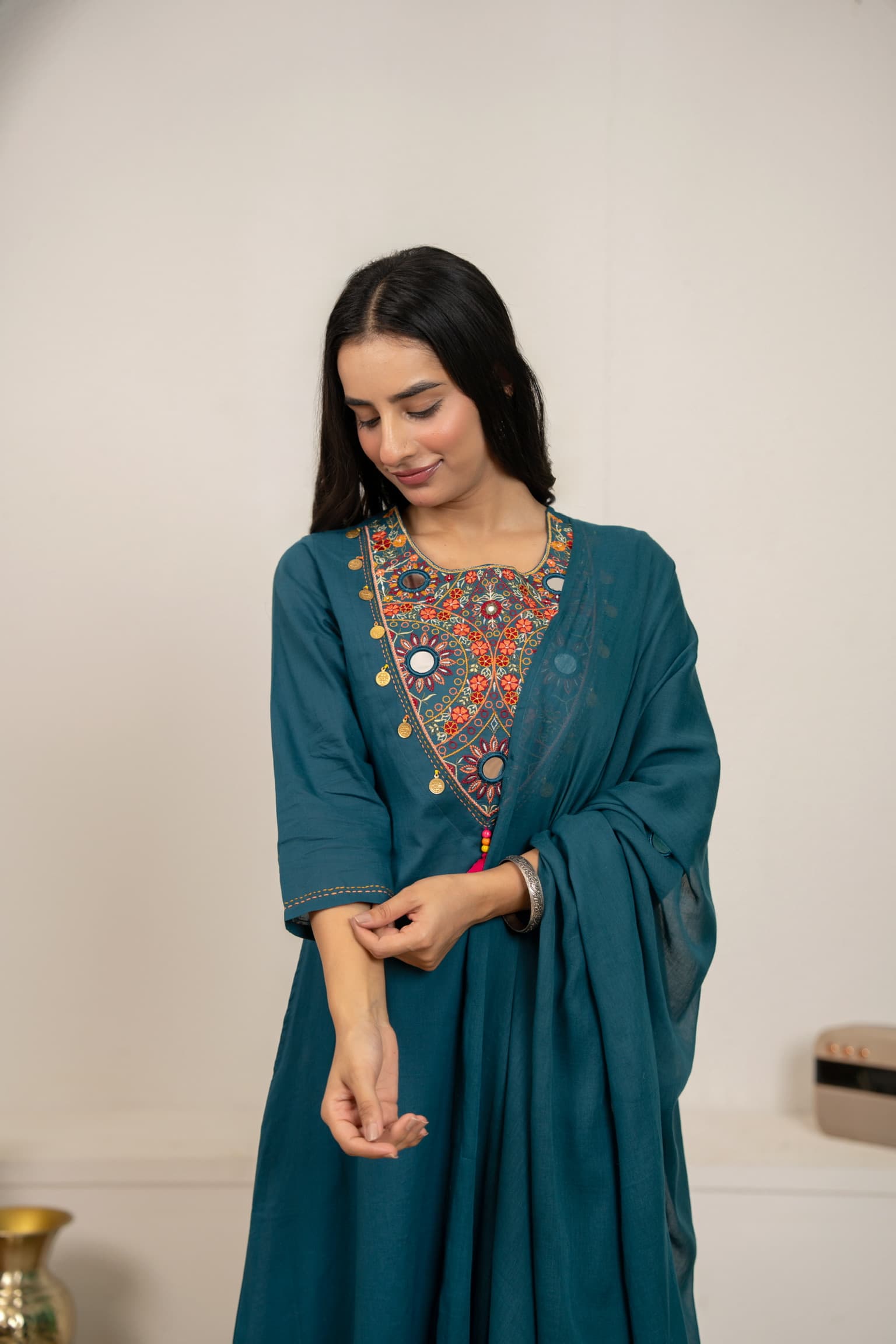 Teal Blue Embroidered Kurta Set view 4