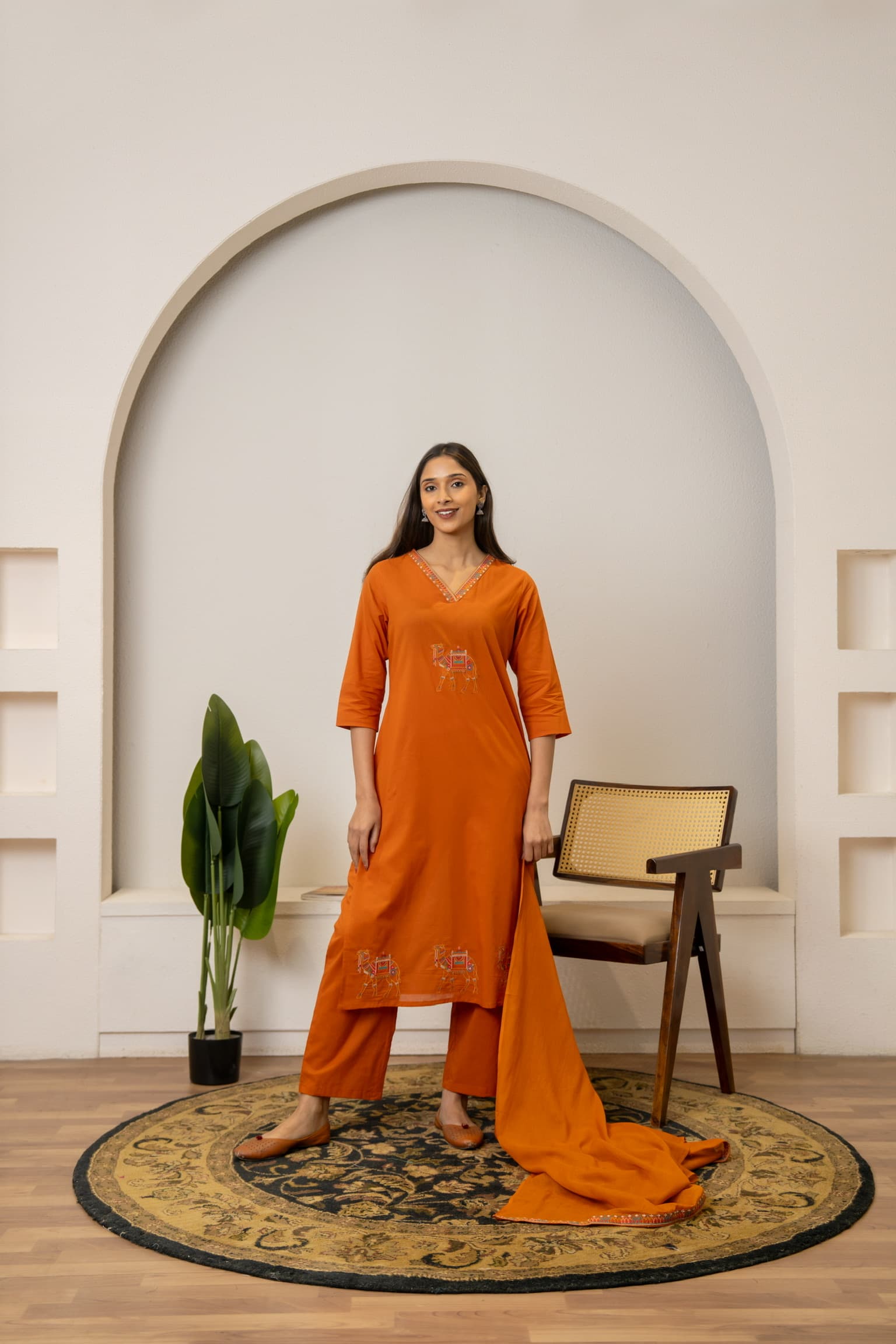 Terracotta Embroidered Kurta Set view 2