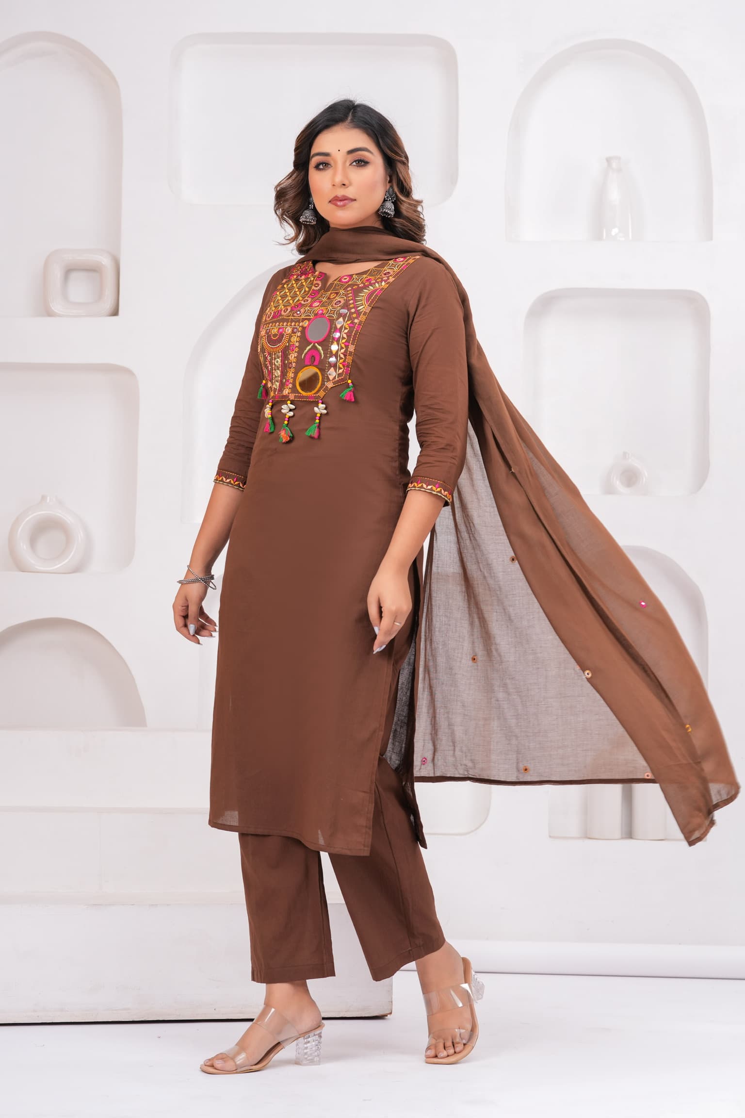 Brown Embroidered Kurta Set view 3
