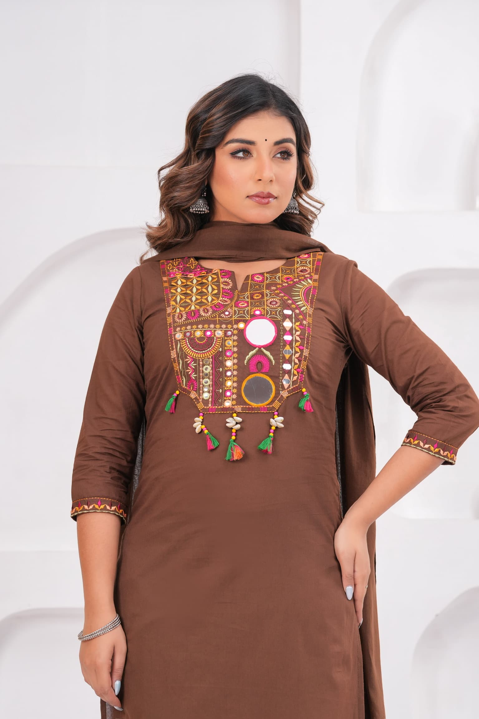 Brown Embroidered Kurta Set view 6