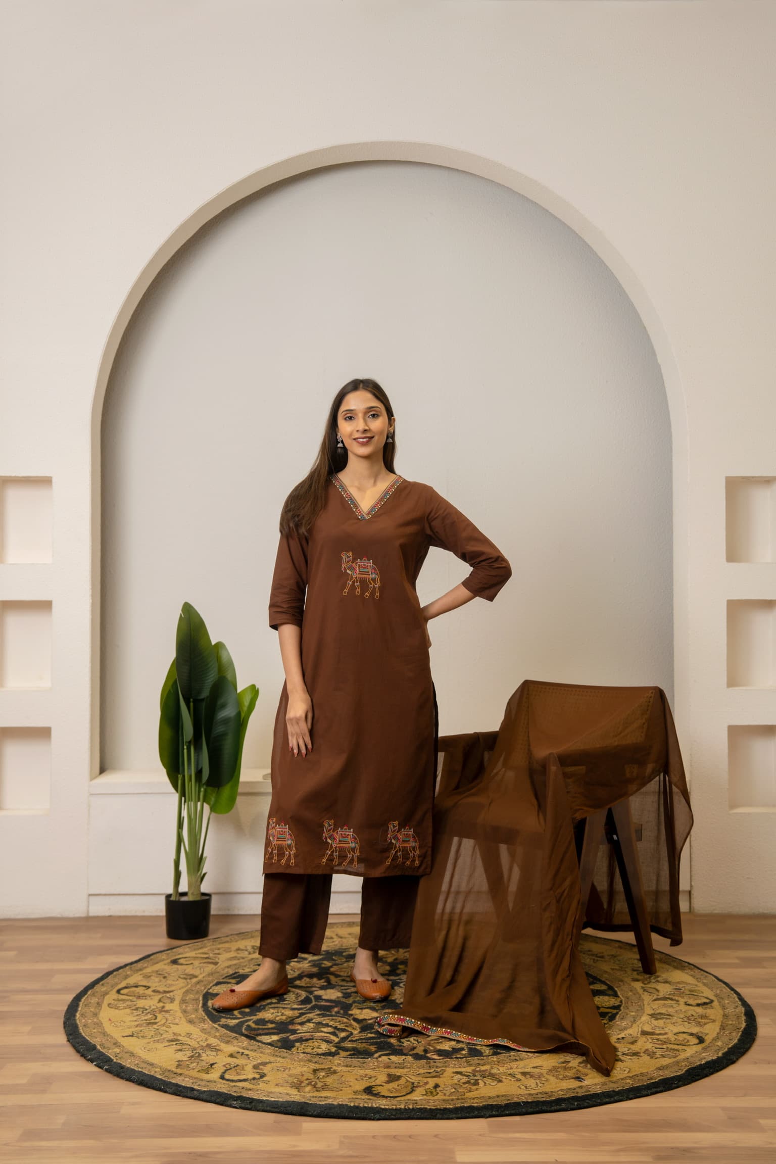 Brown Embroidered Kurta Set view 7