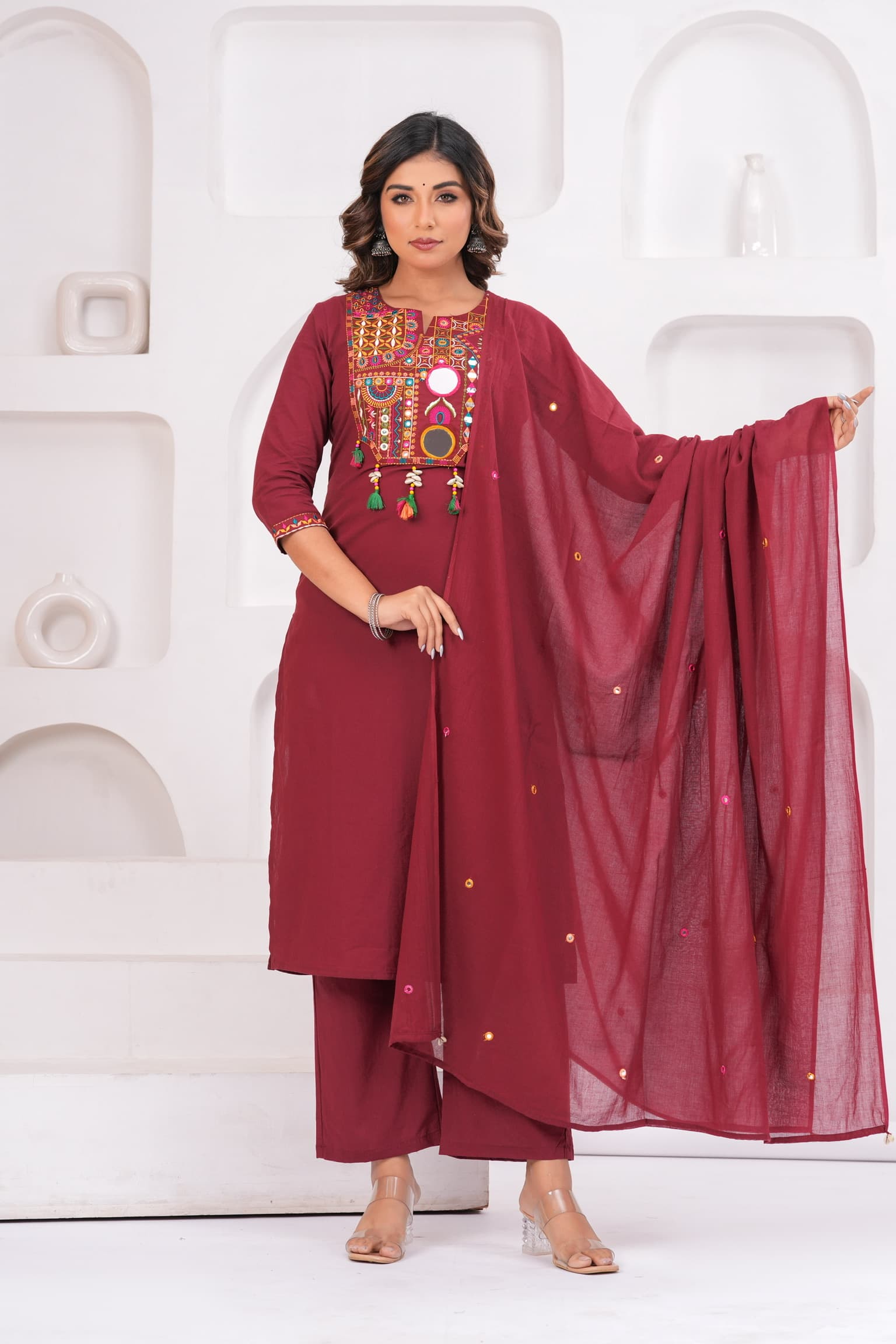 Maroon Embroidered Kurta Set