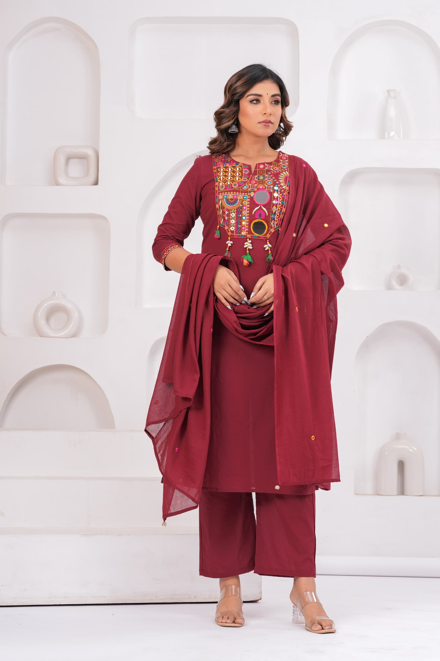 Maroon Embroidered Kurta Set view 2