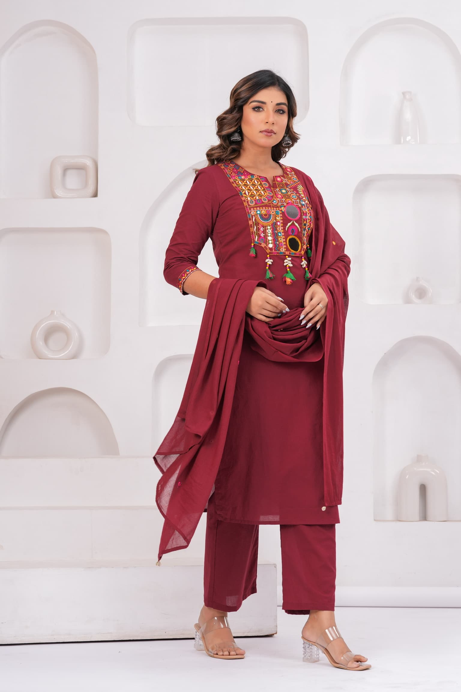 Maroon Embroidered Kurta Set view 4