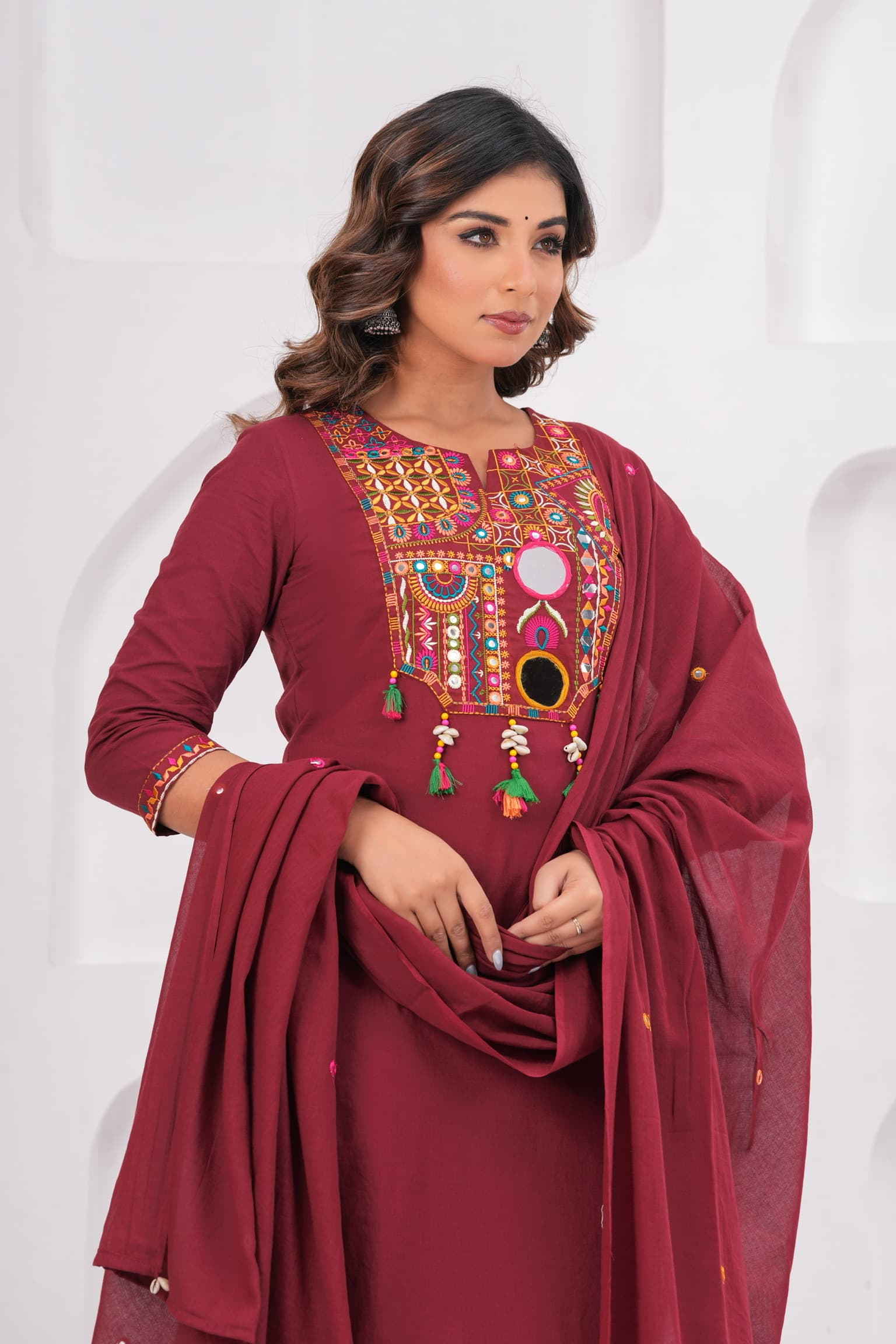 Maroon Embroidered Kurta Set view 5
