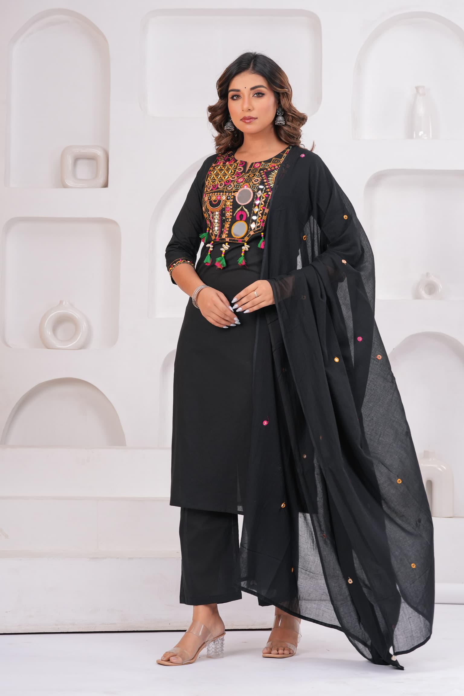 Black Embroidered Kurta Set view 3