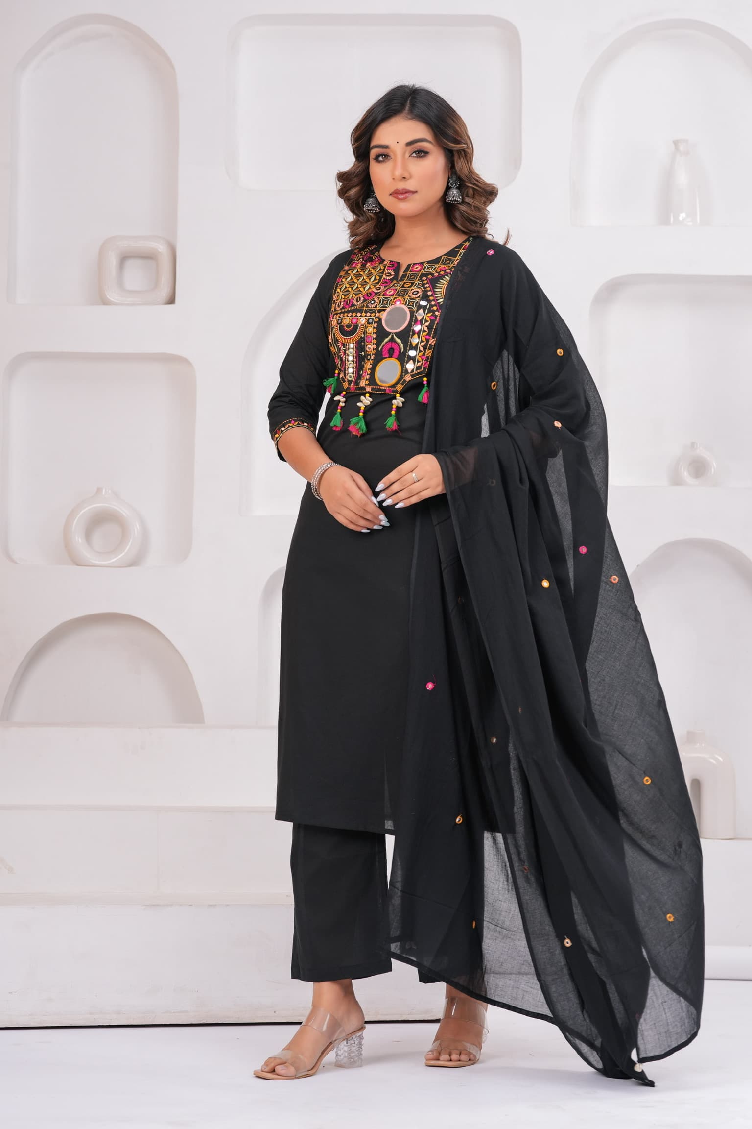 Black Embroidered Kurta Set view 4