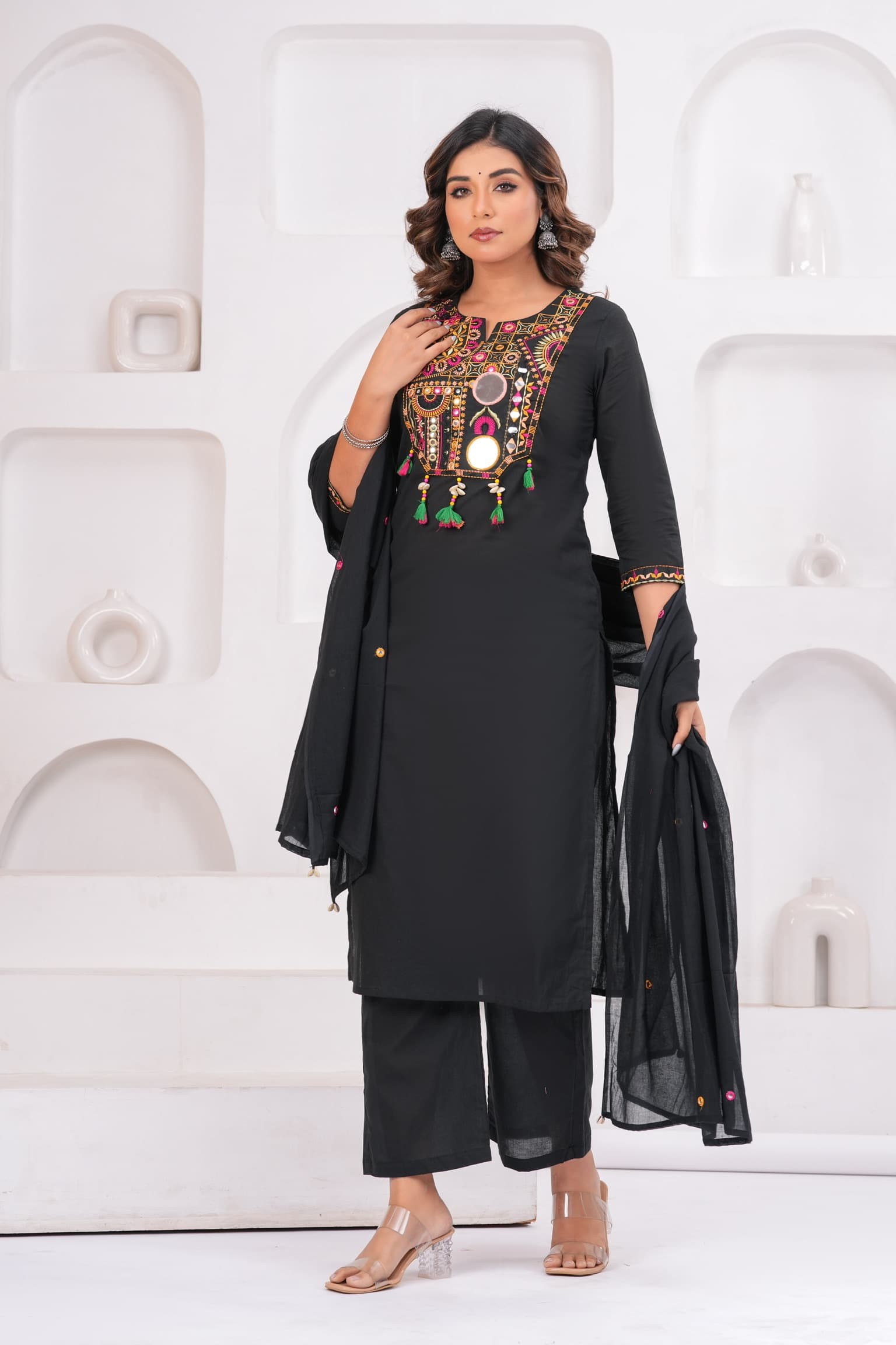 Black Embroidered Kurta Set view 6