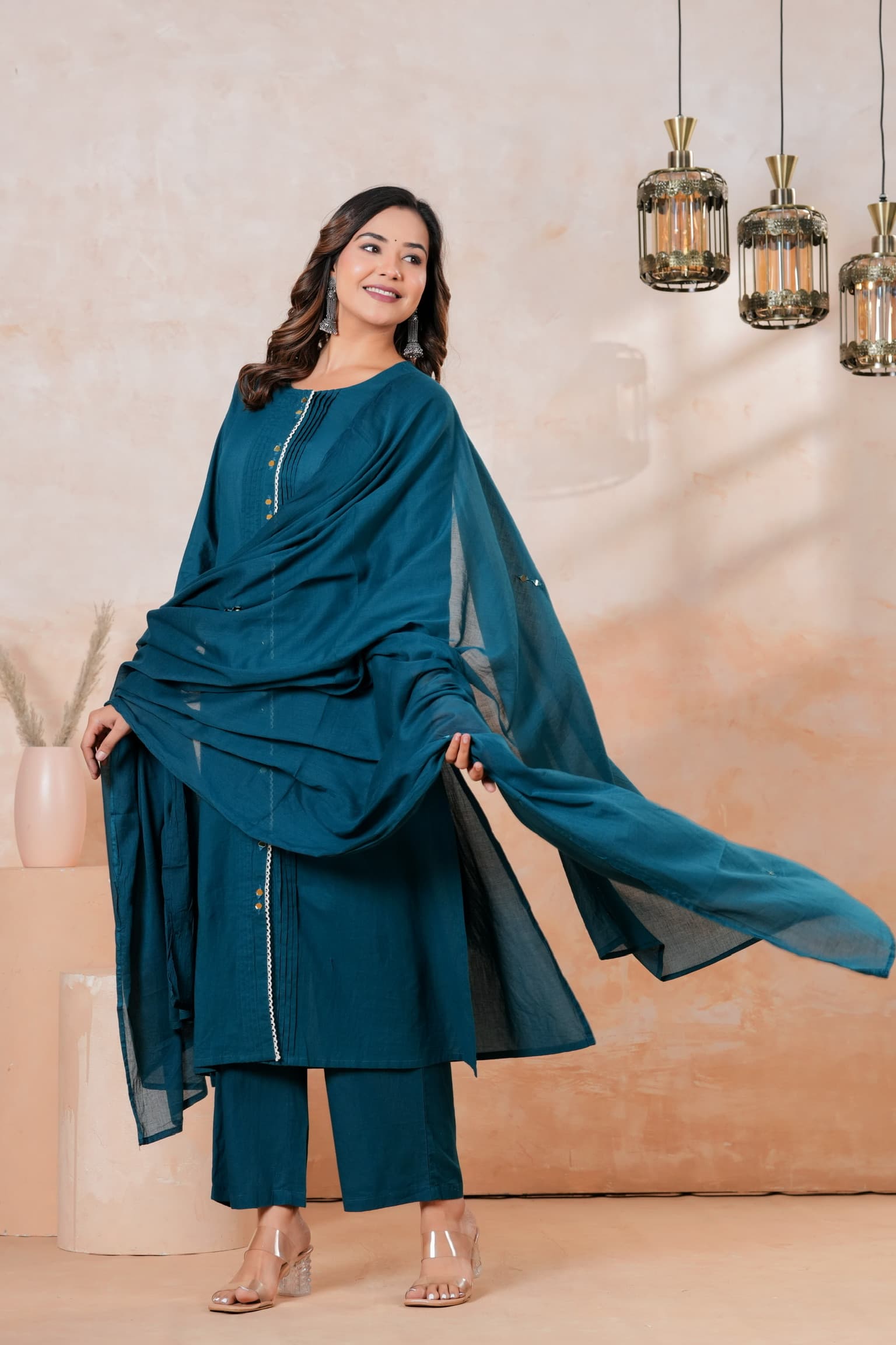 Teal Blue Mirror Work Kurta Set