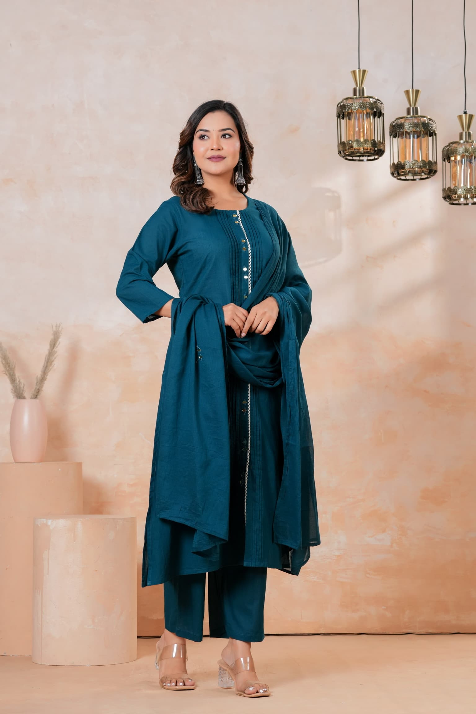 Teal Blue Mirror Work Kurta Set view 2
