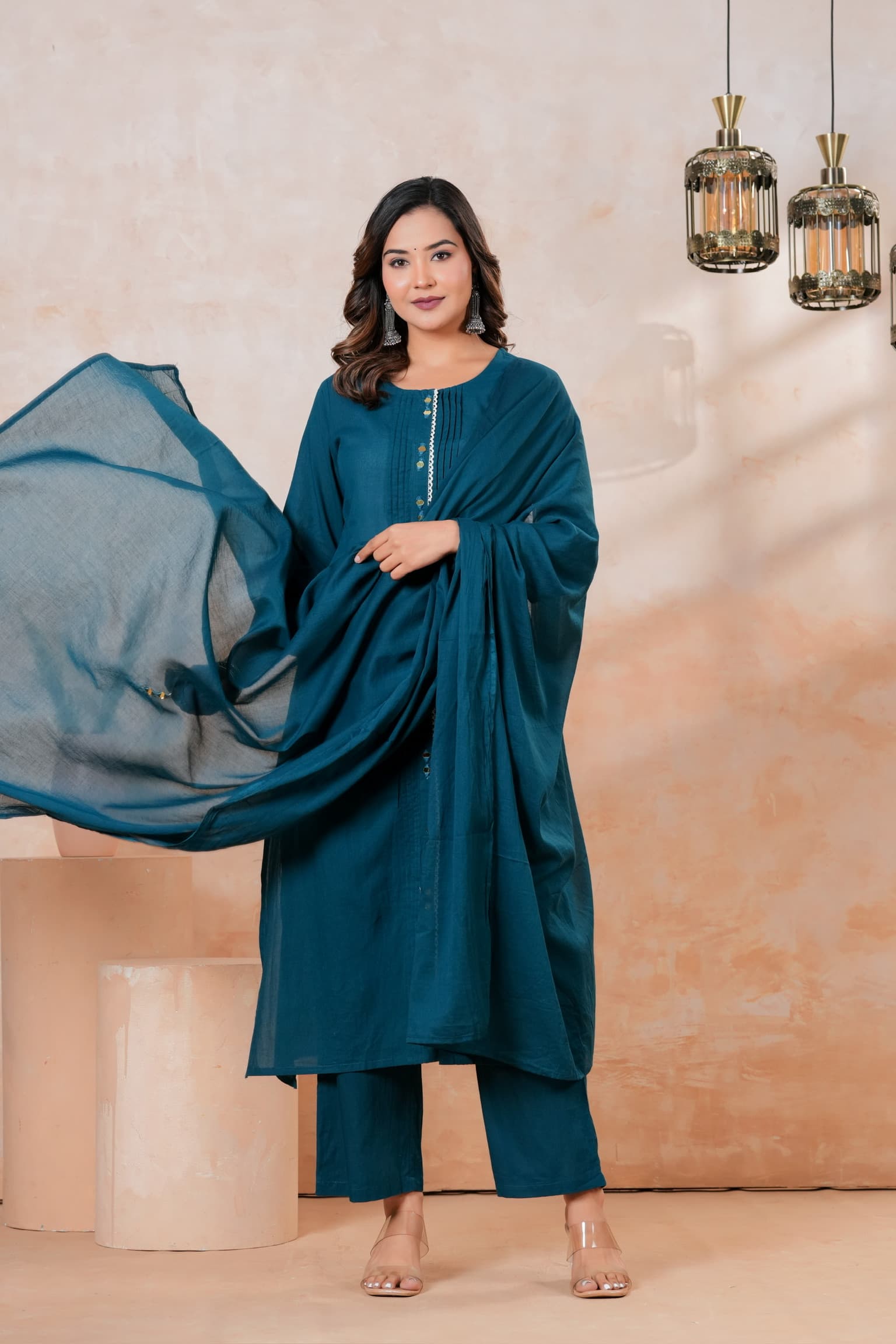 Teal Blue Mirror Work Kurta Set view 3