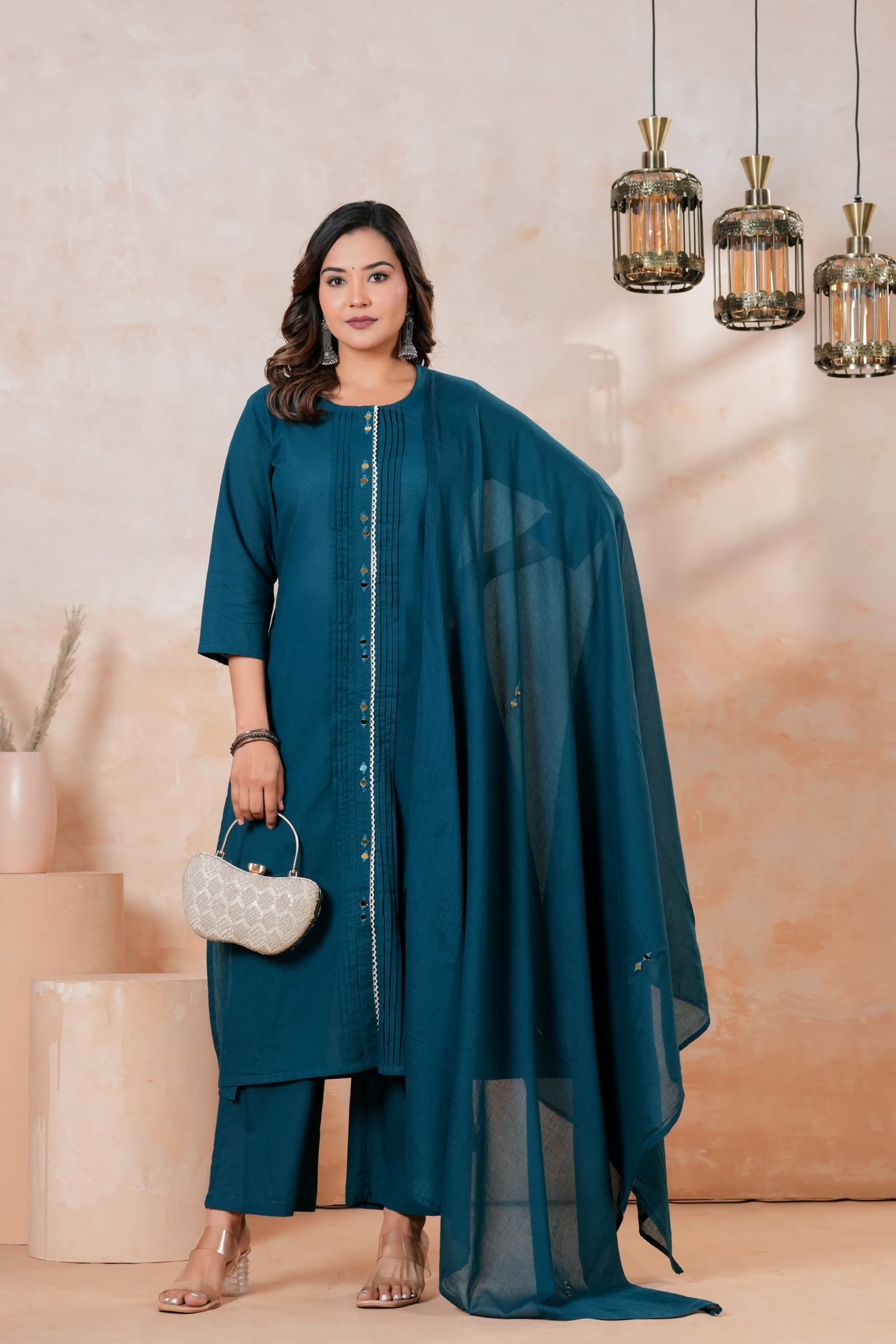 Teal Blue Mirror Work Kurta Set view 4