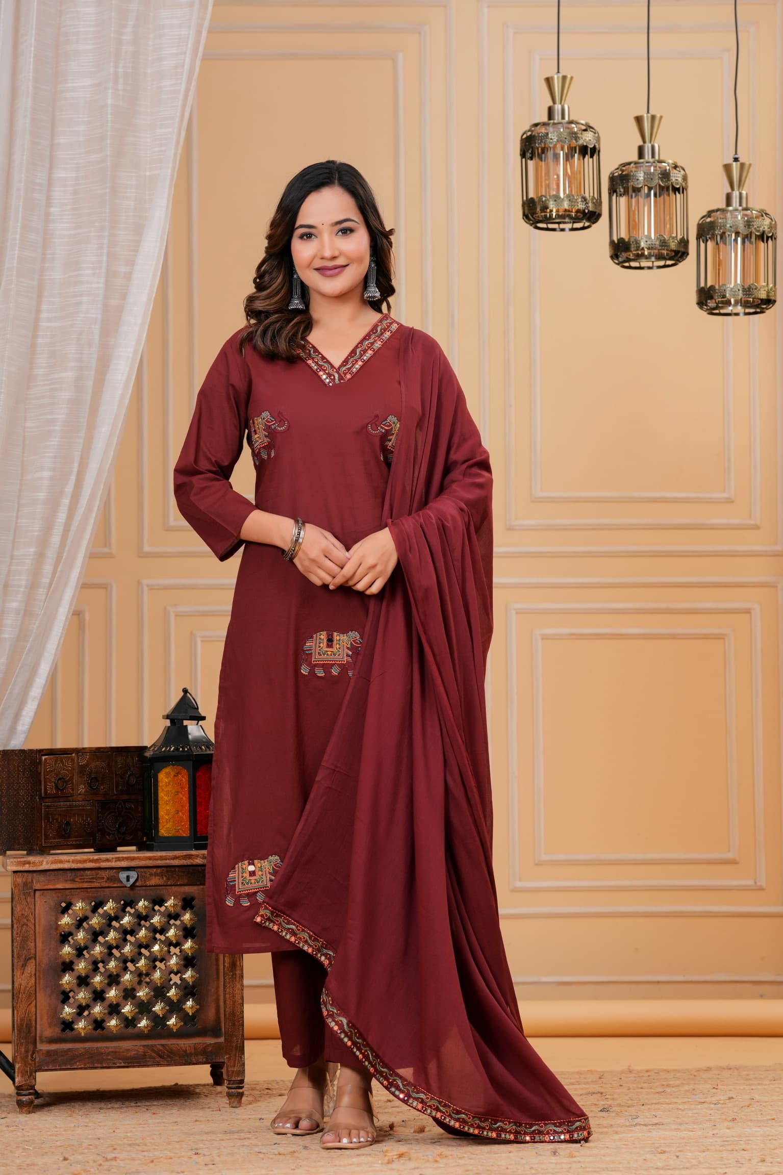 Maroon Embroidered Kurta Set view 2
