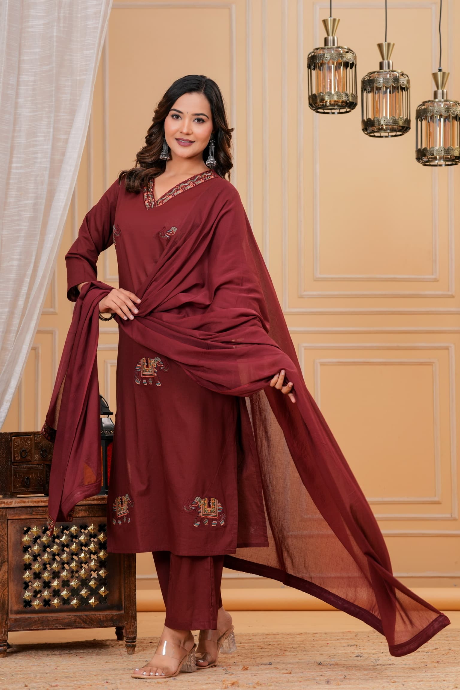 Maroon Embroidered Kurta Set view 3