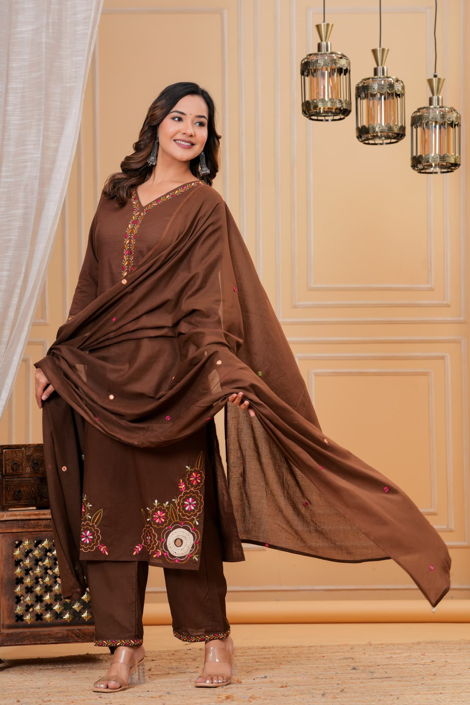 Brown Embroidered Kurta Set