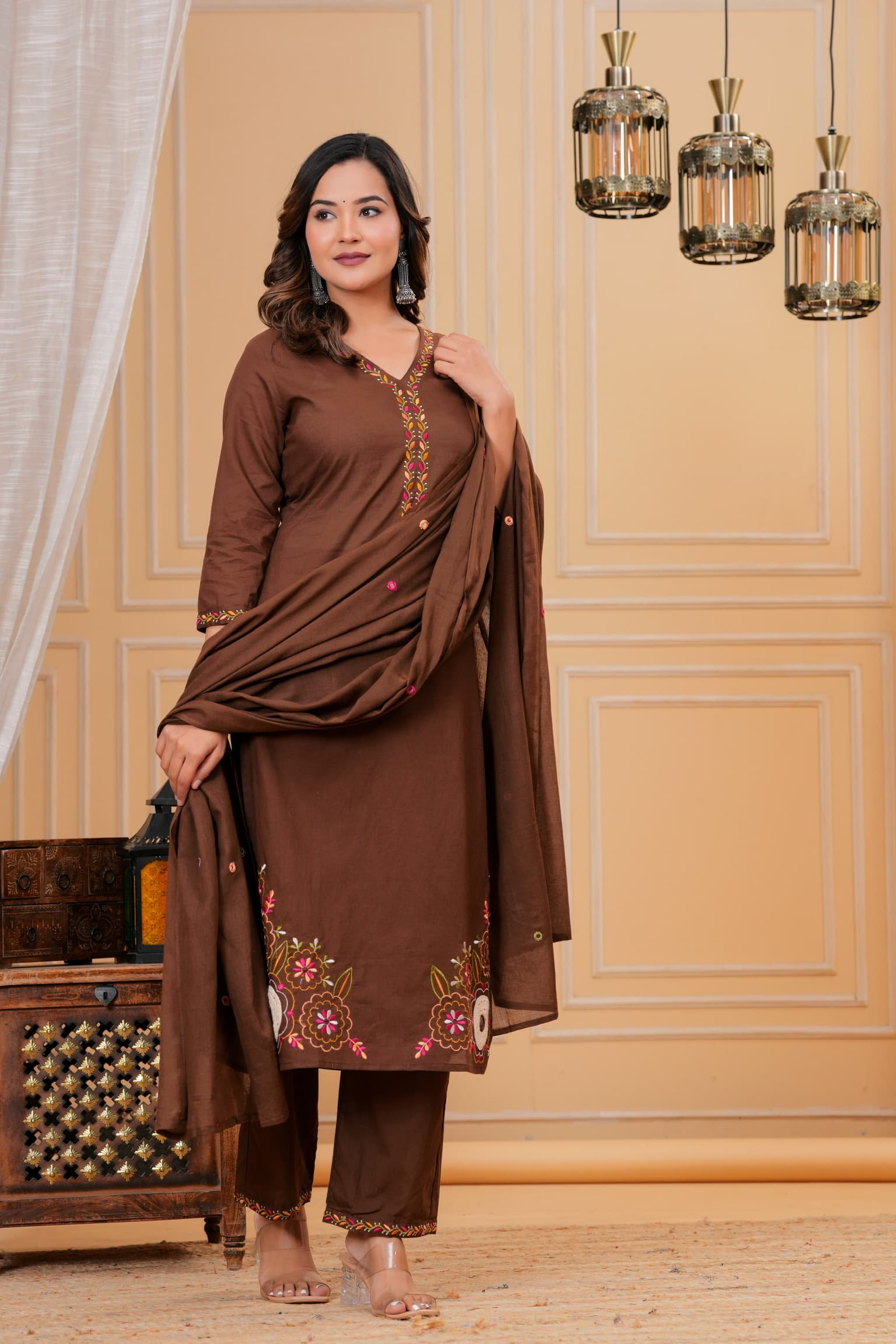 Brown Embroidered Kurta Set view 2