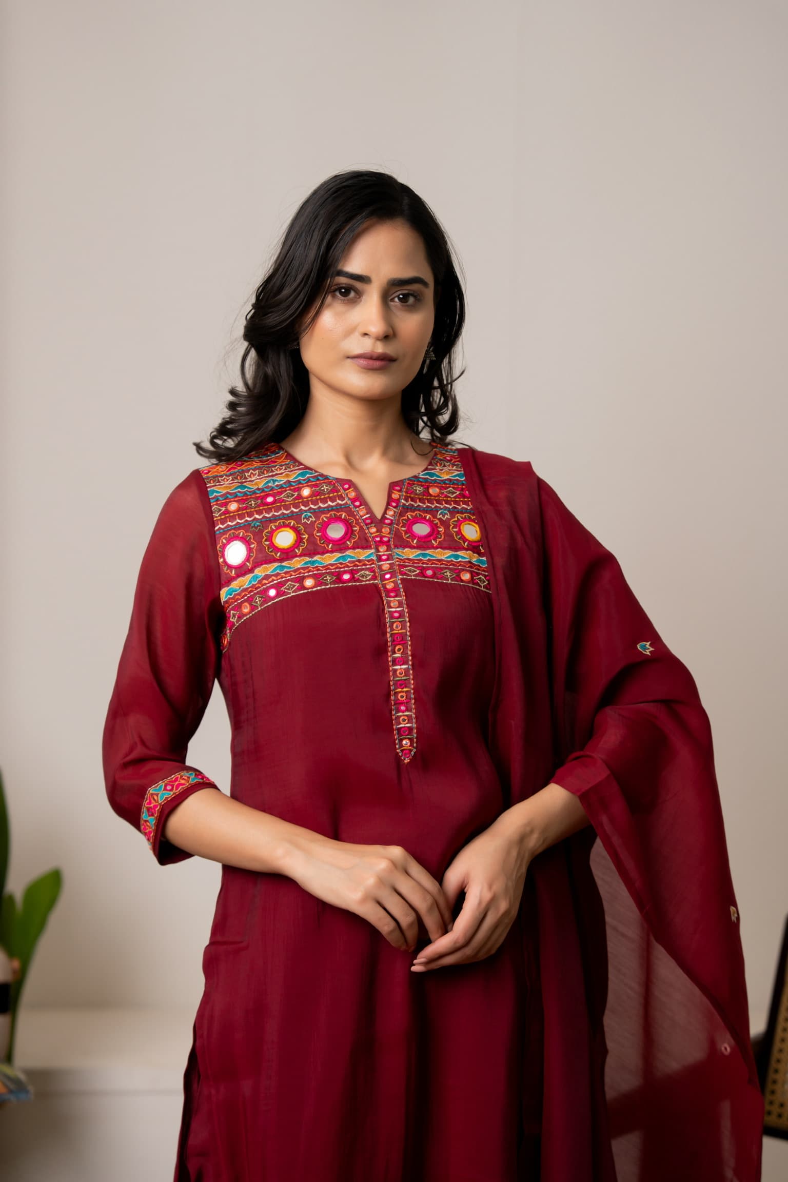 Maroon Embroidered Kurta Set view 10