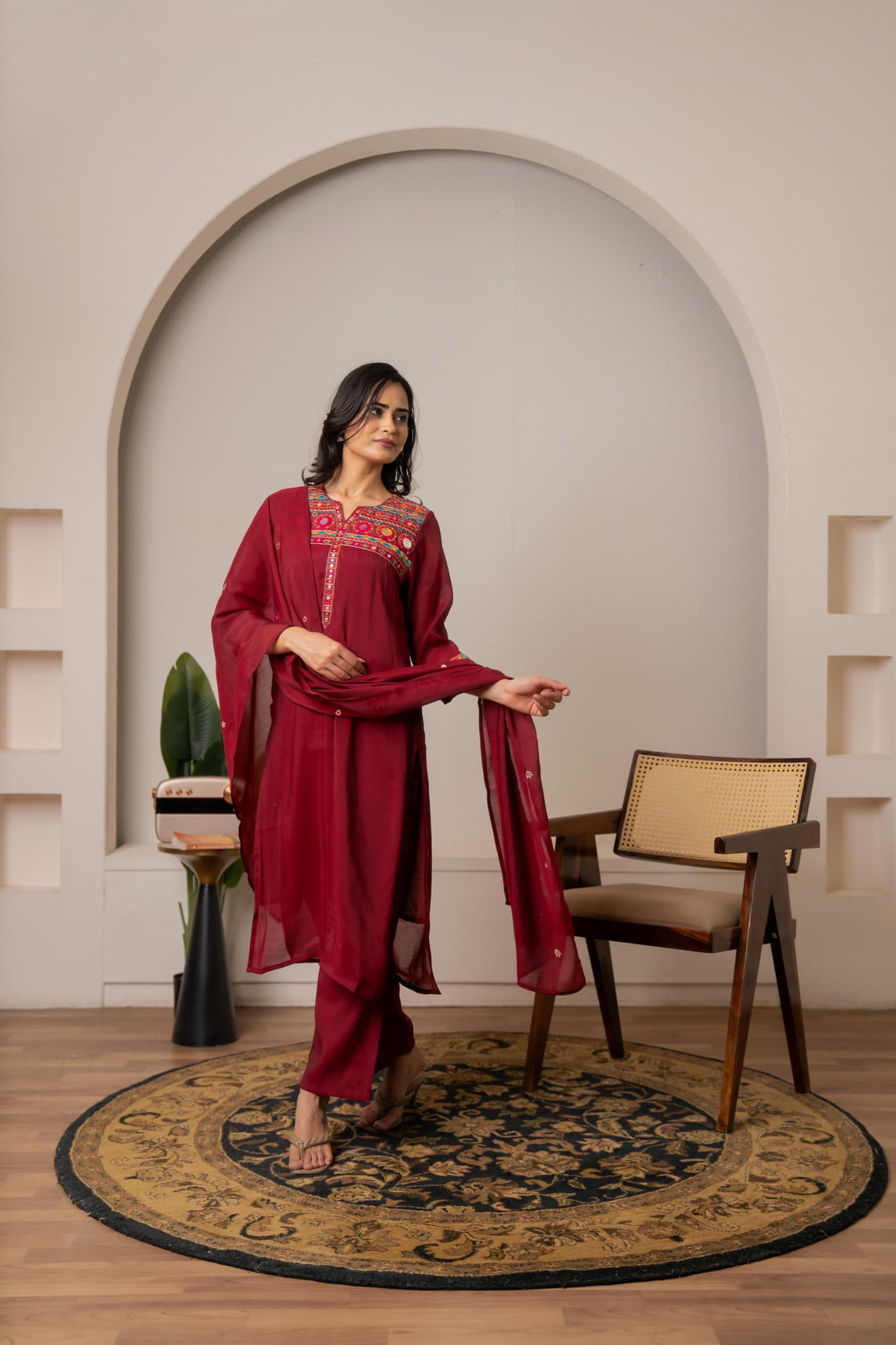 Maroon Embroidered Kurta Set view 2
