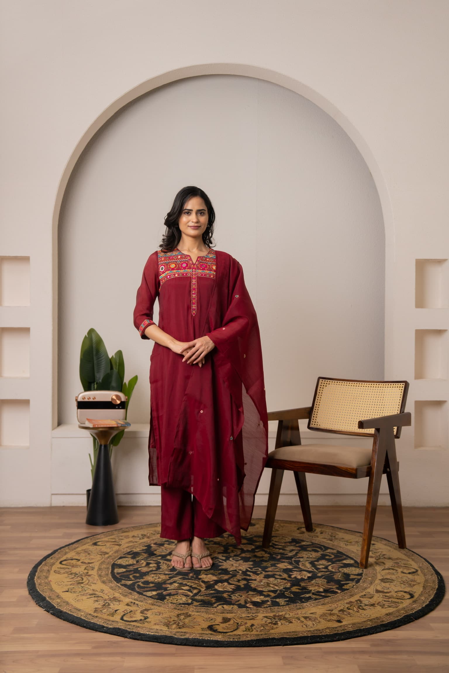 Maroon Embroidered Kurta Set view 4
