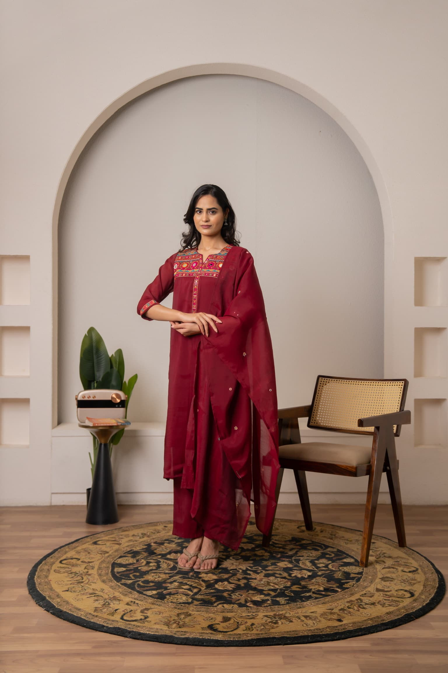 Maroon Embroidered Kurta Set view 6