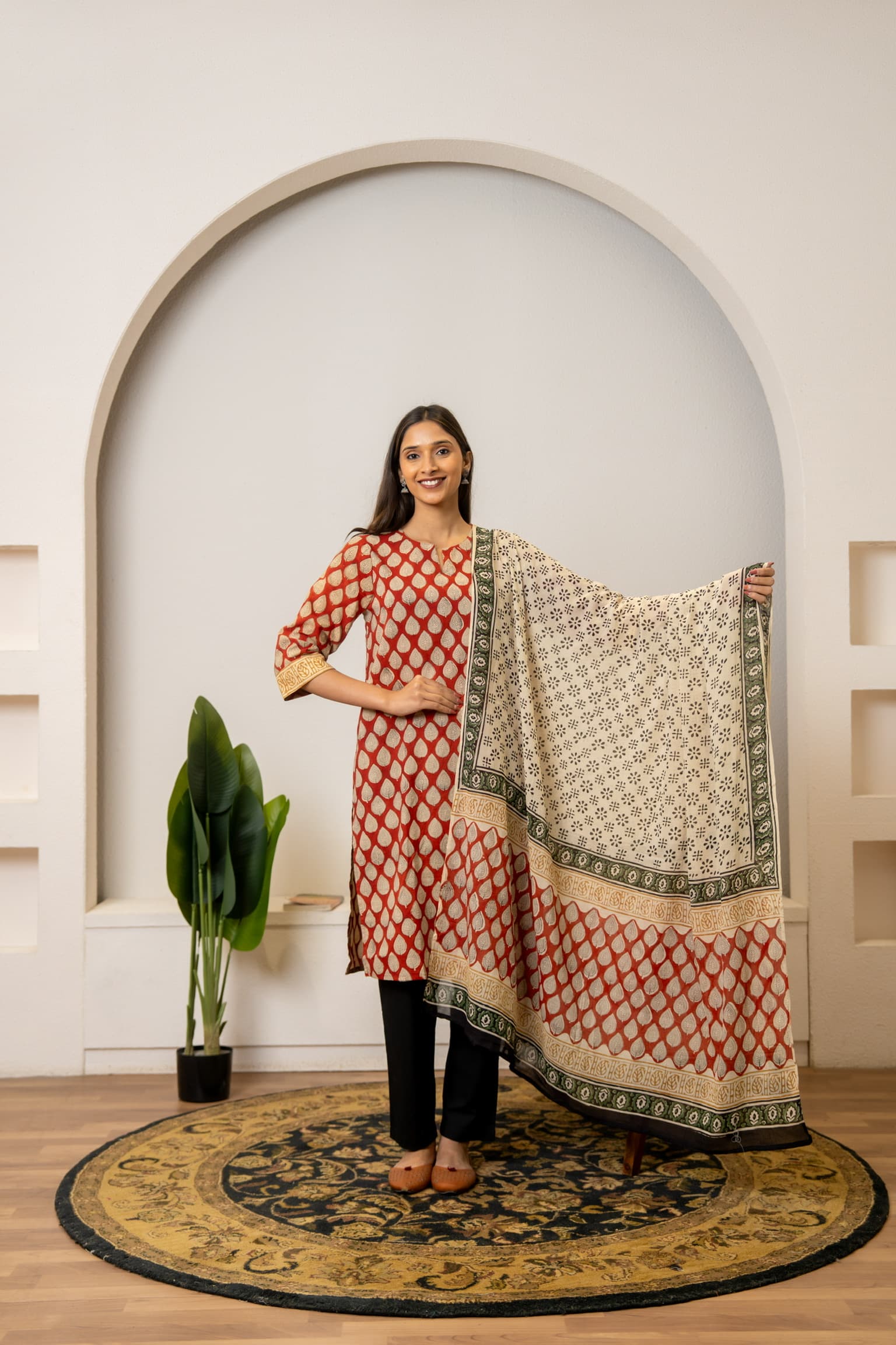 Red Printed Kurta Set view 2
