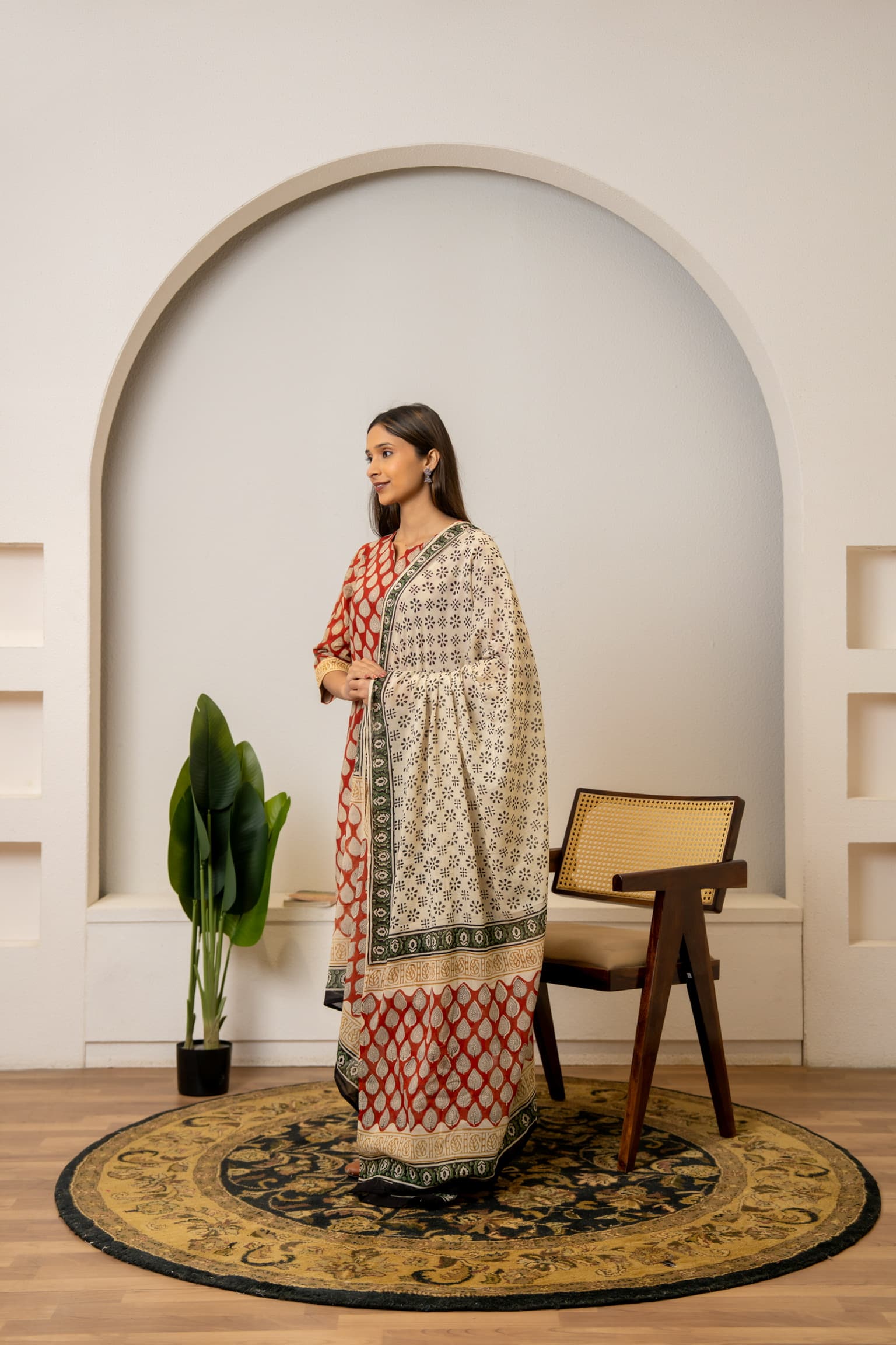Red Printed Kurta Set view 3