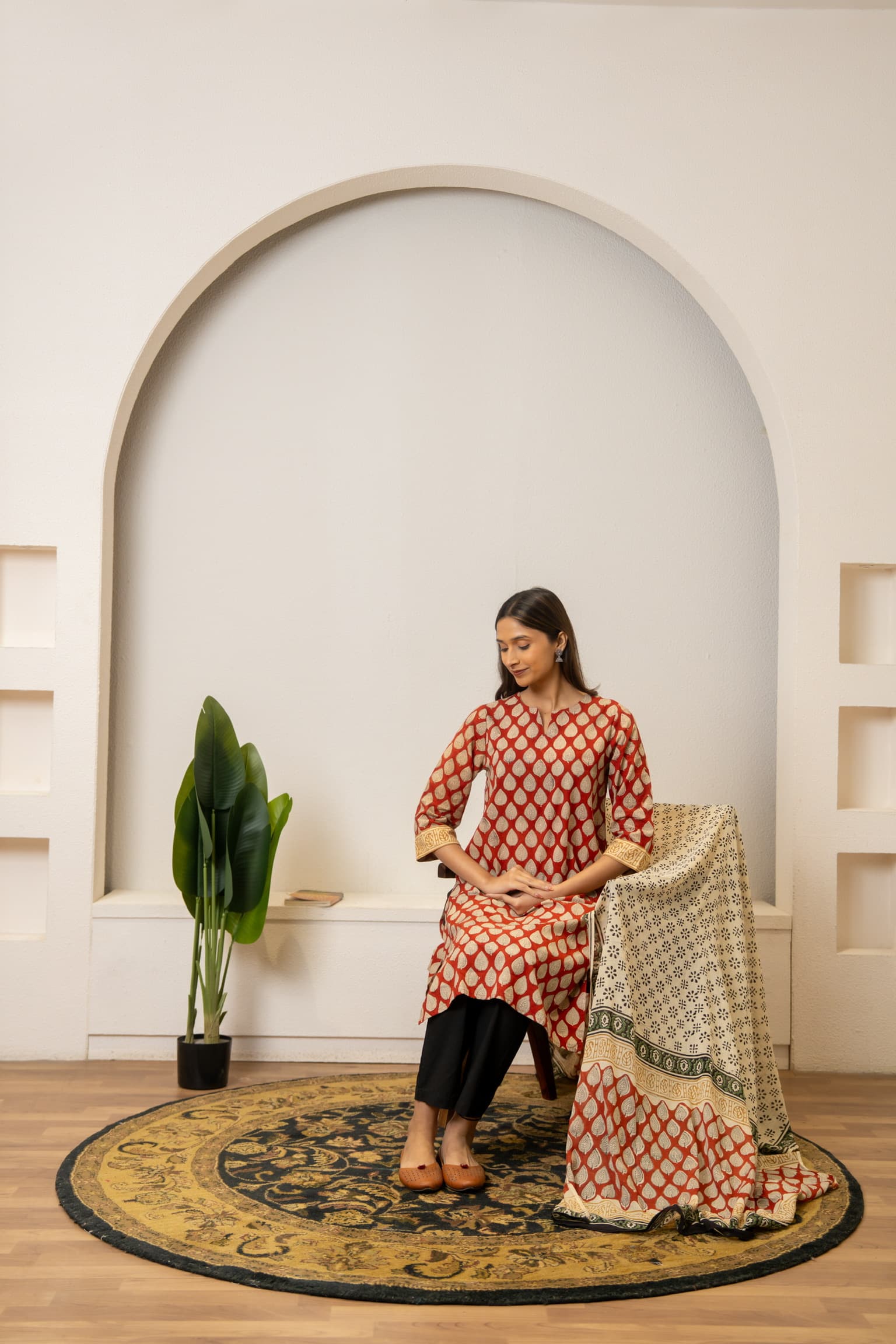 Red Printed Kurta Set view 5