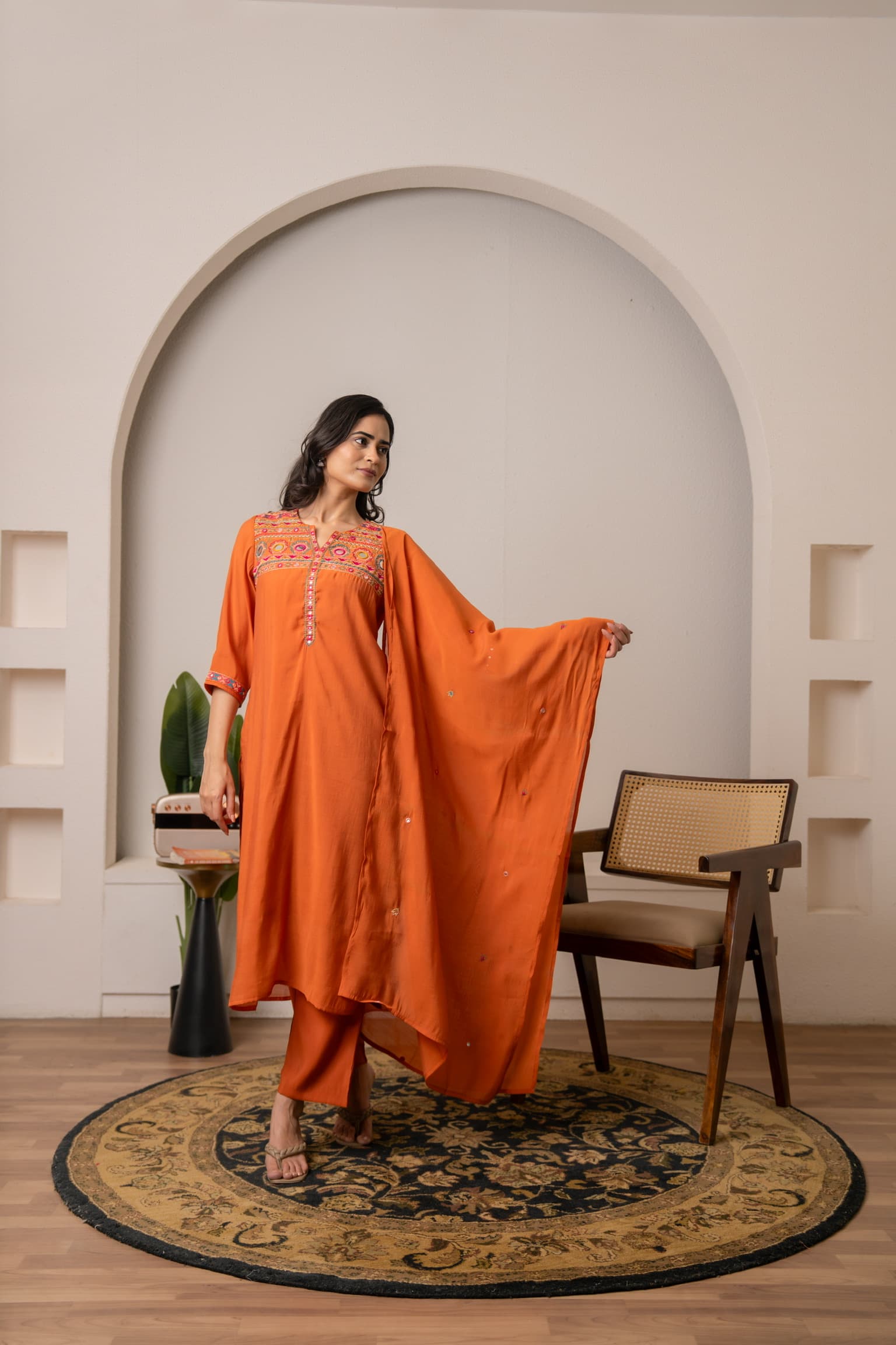 Terracotta Embroidered Kurta Set view 4