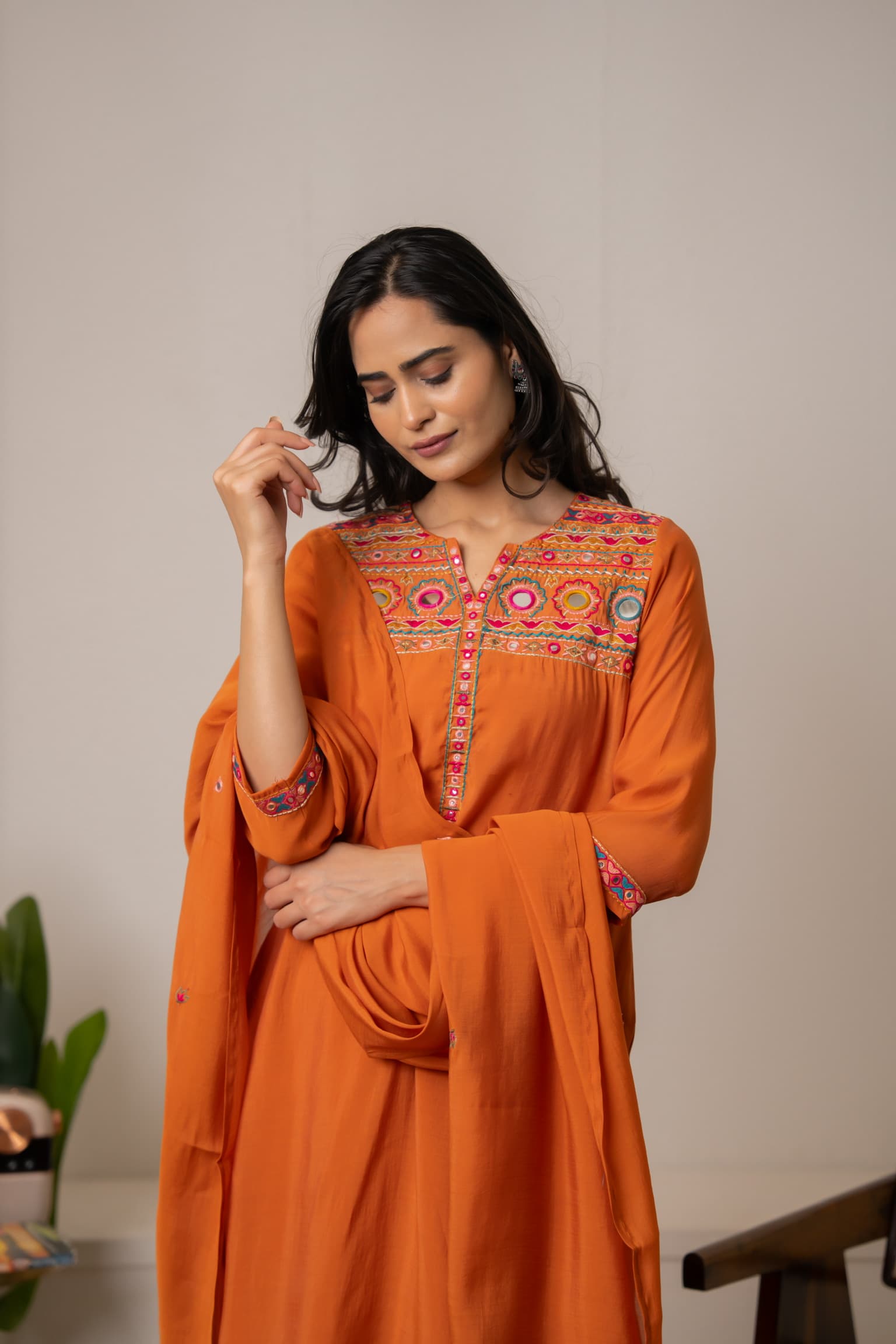 Terracotta Embroidered Kurta Set view 7