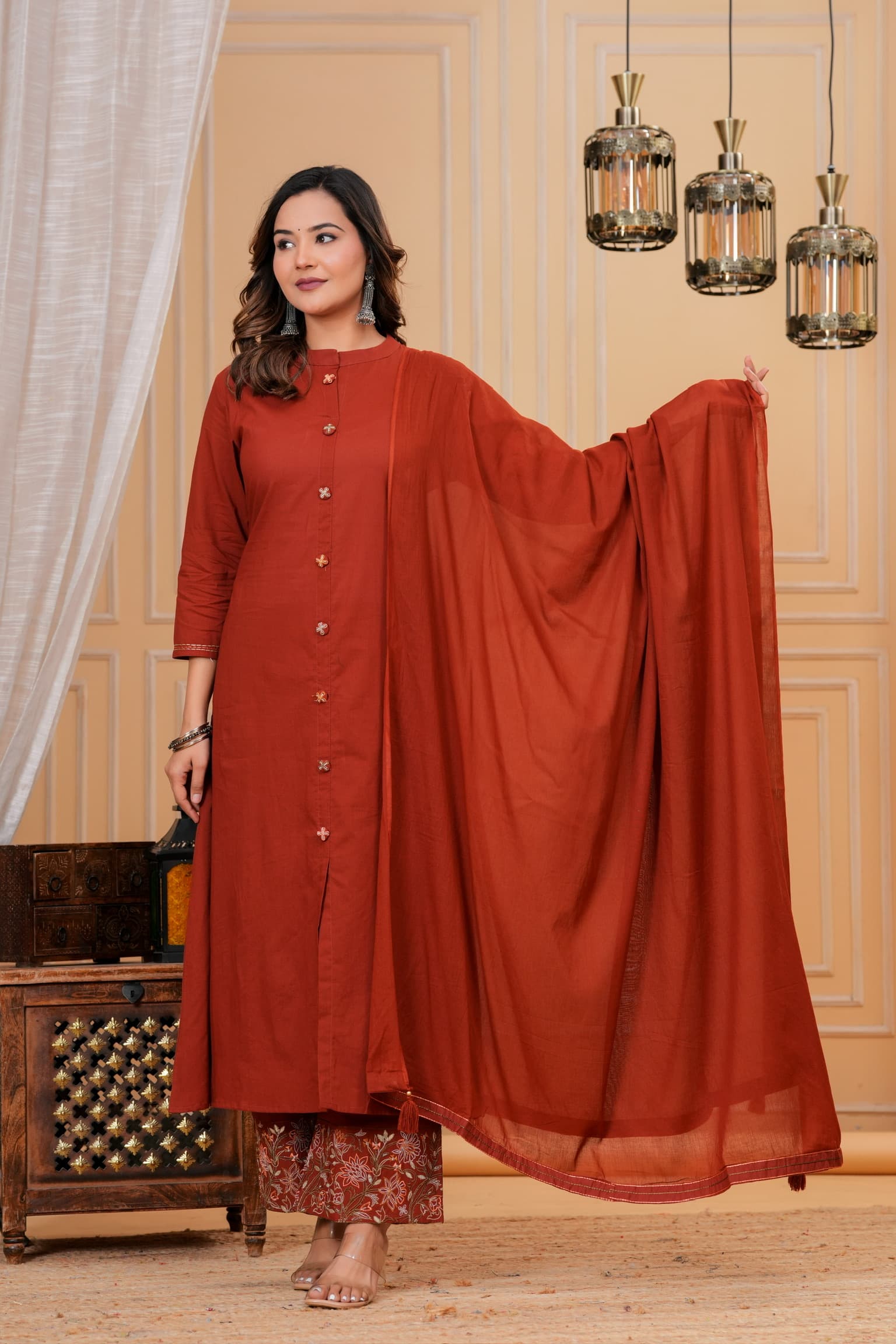 Rust Embroidered Kurta Set