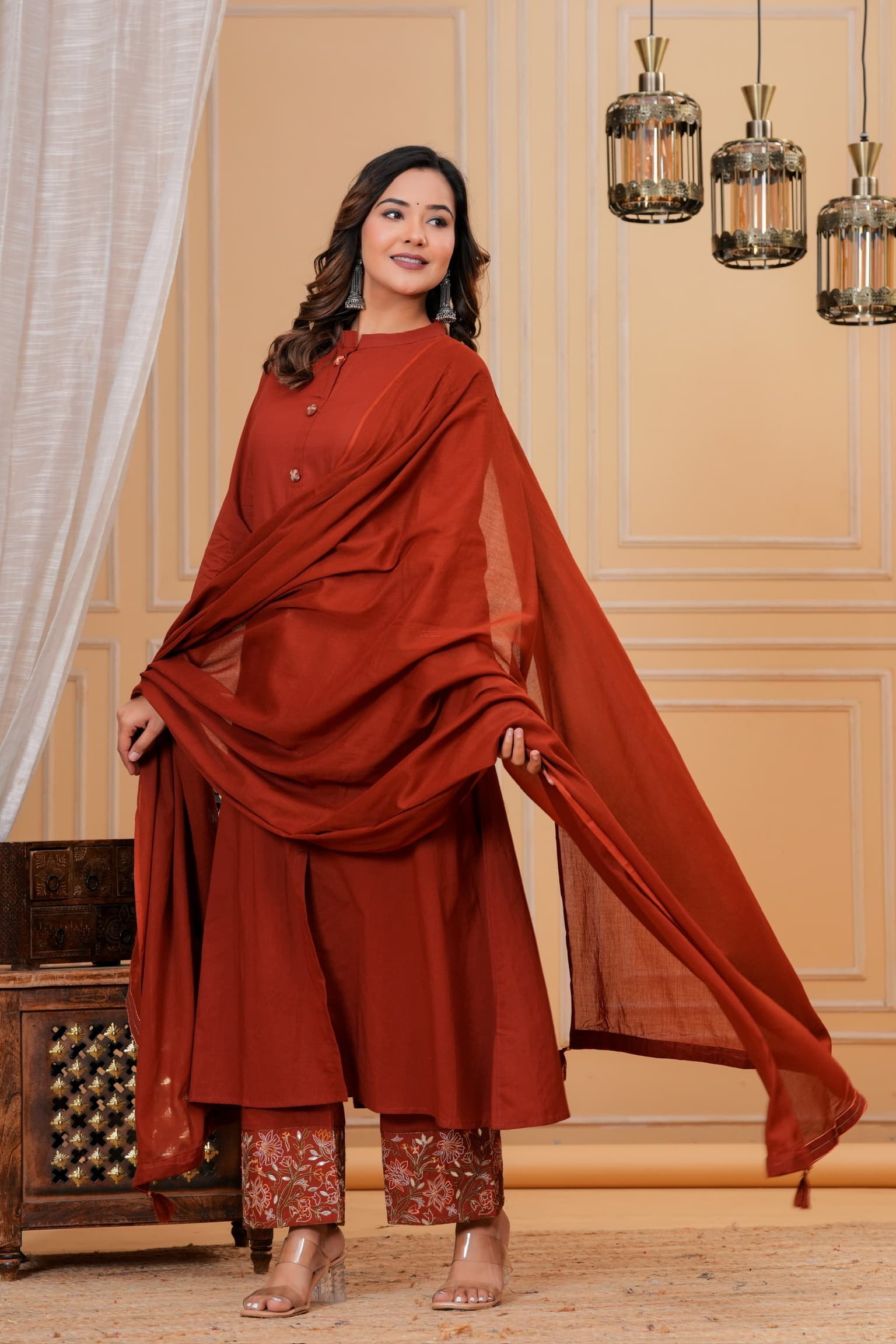 Rust Embroidered Kurta Set view 3