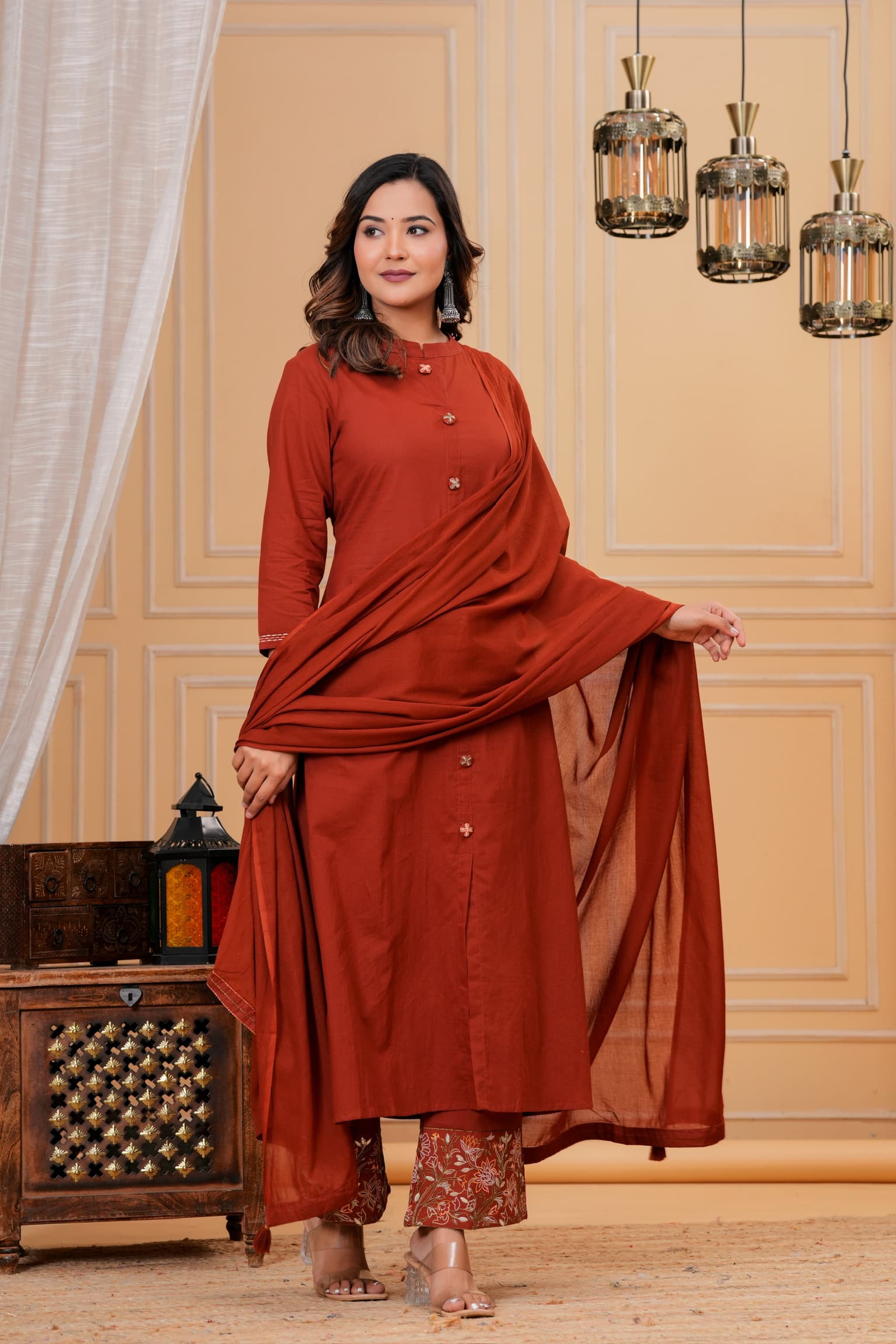 Rust Embroidered Kurta Set view 4